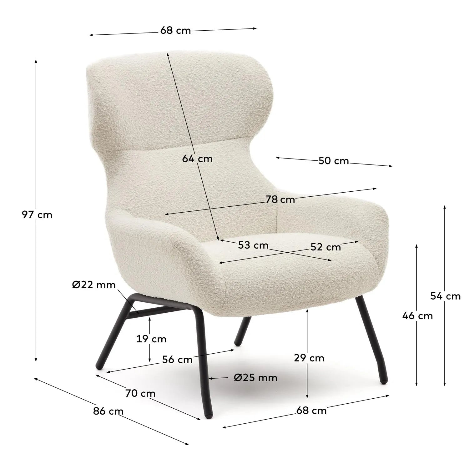 Eleganter Sessel aus weißem Bouclé mit schwarzen Stahlbeinen, FSC-zertifiziert, für stilvolle und nachhaltige Einrichtung.