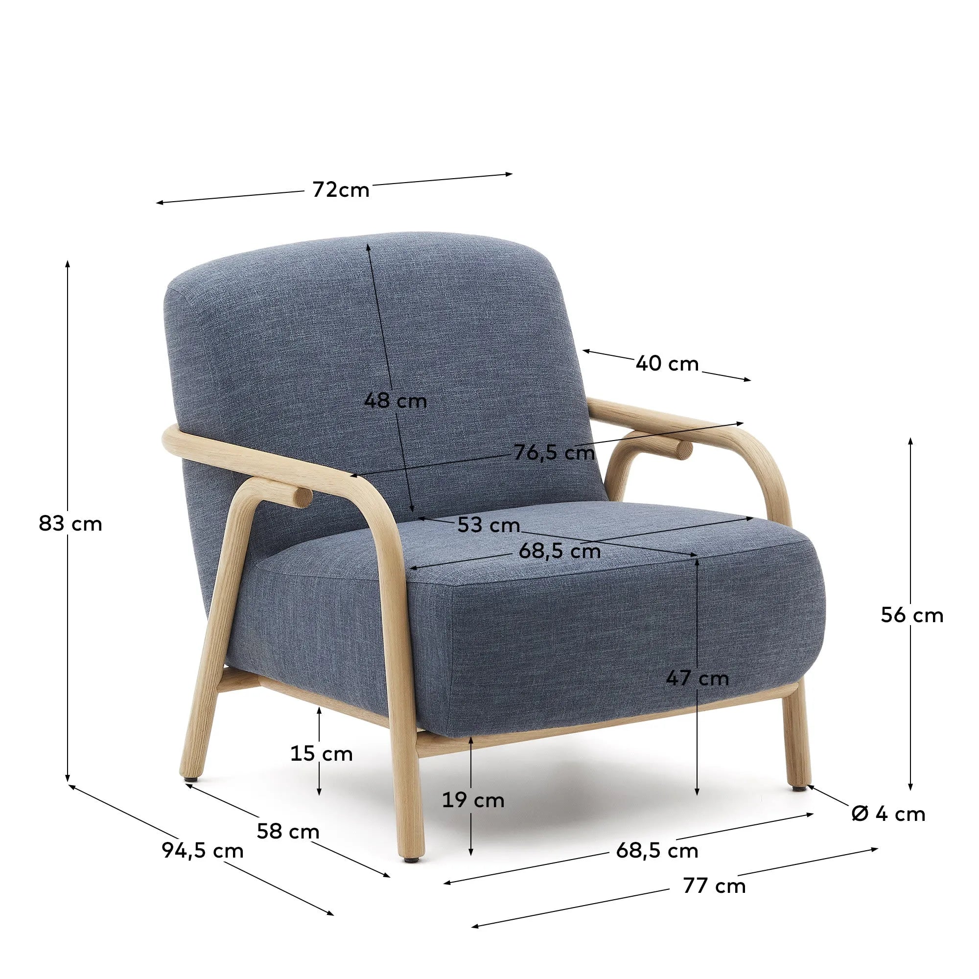 Eleganter blauer Sessel aus FSC-zertifiziertem Eschenholz, mit pflegeleichtem Baumwollbezug für stilvollen Komfort.