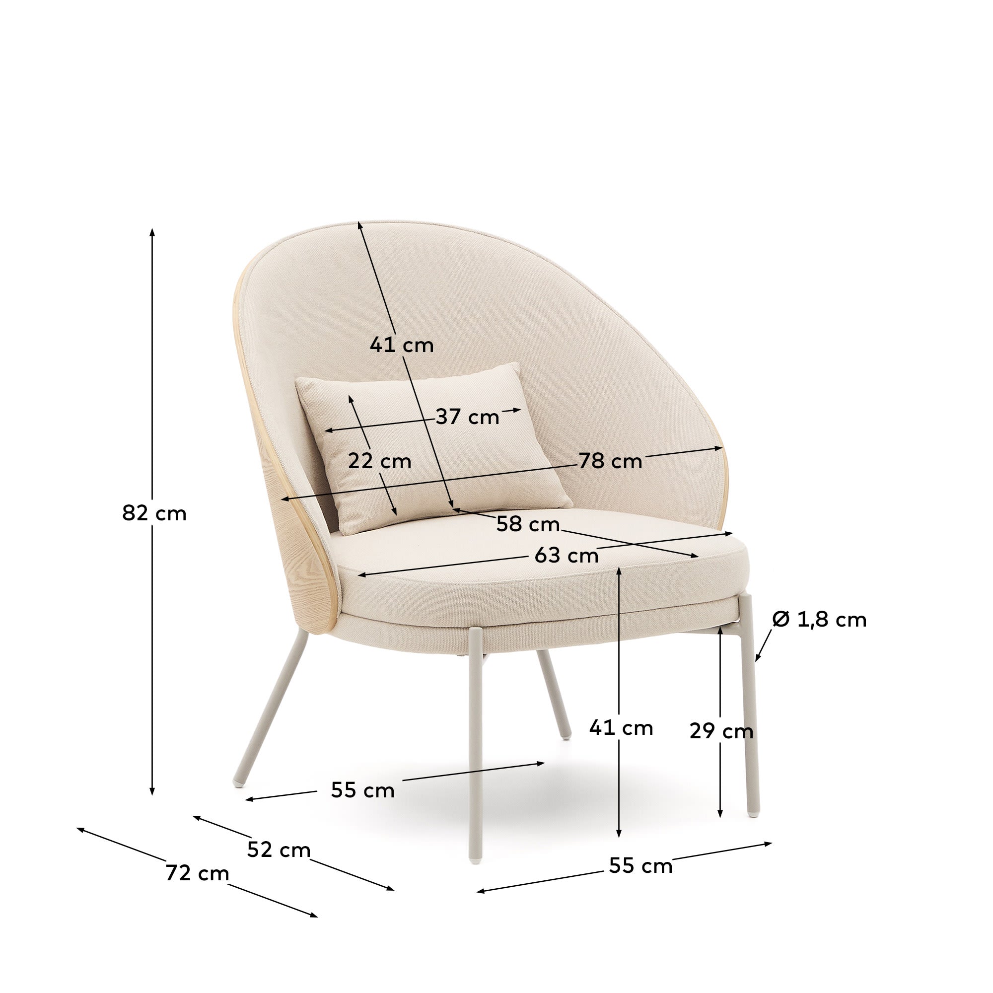 Eamy Sessel: Beigefarbenes Chenille, Eschenfurnier mit natürlichem Finish, Metallakzente. Stilvoll und bequem für Ihr Zuhause.