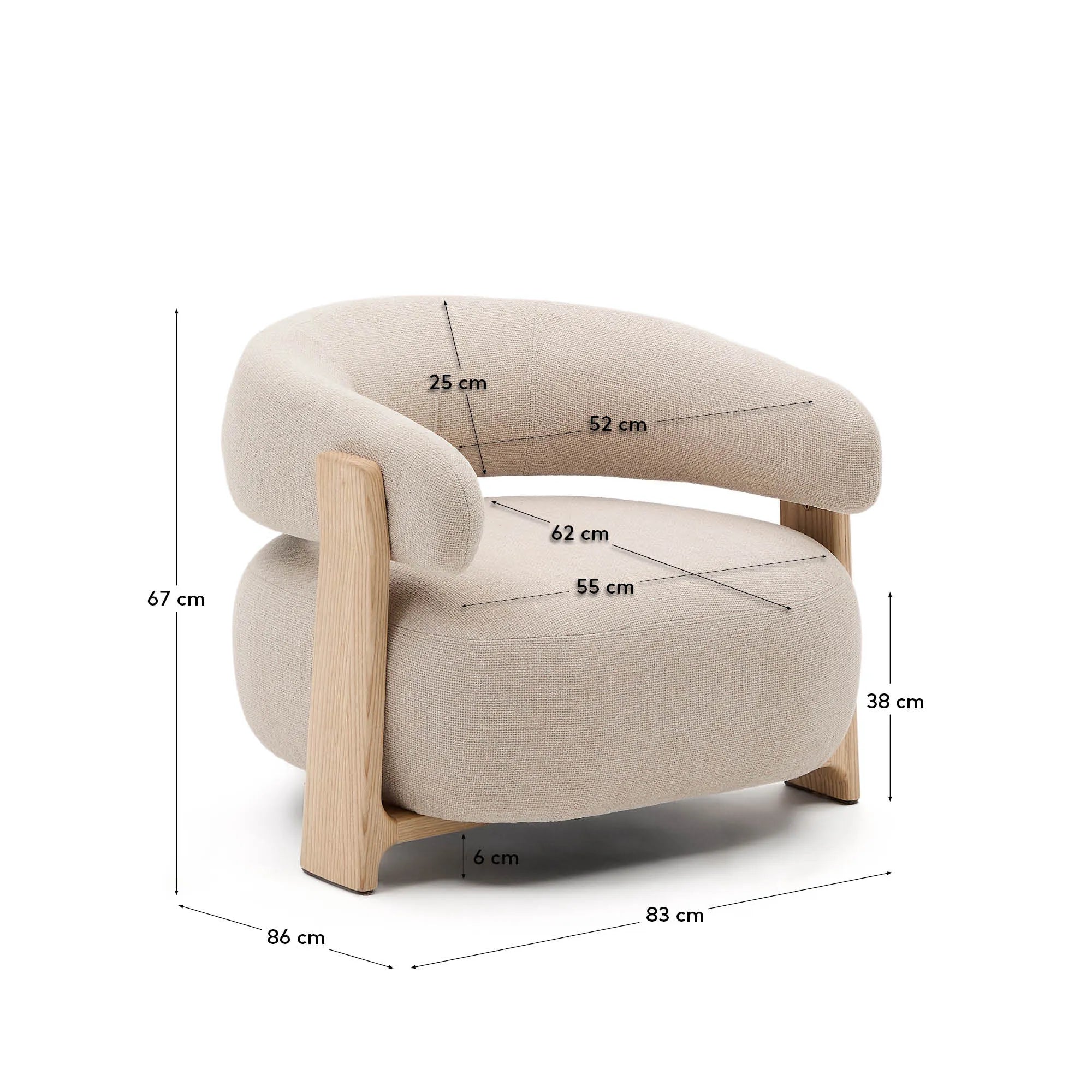 Ein eleganter Sessel mit beigefarbenem Chenille-Bezug und massiven Eschenholzbeinen, inspiriert von skandinavischem Design.