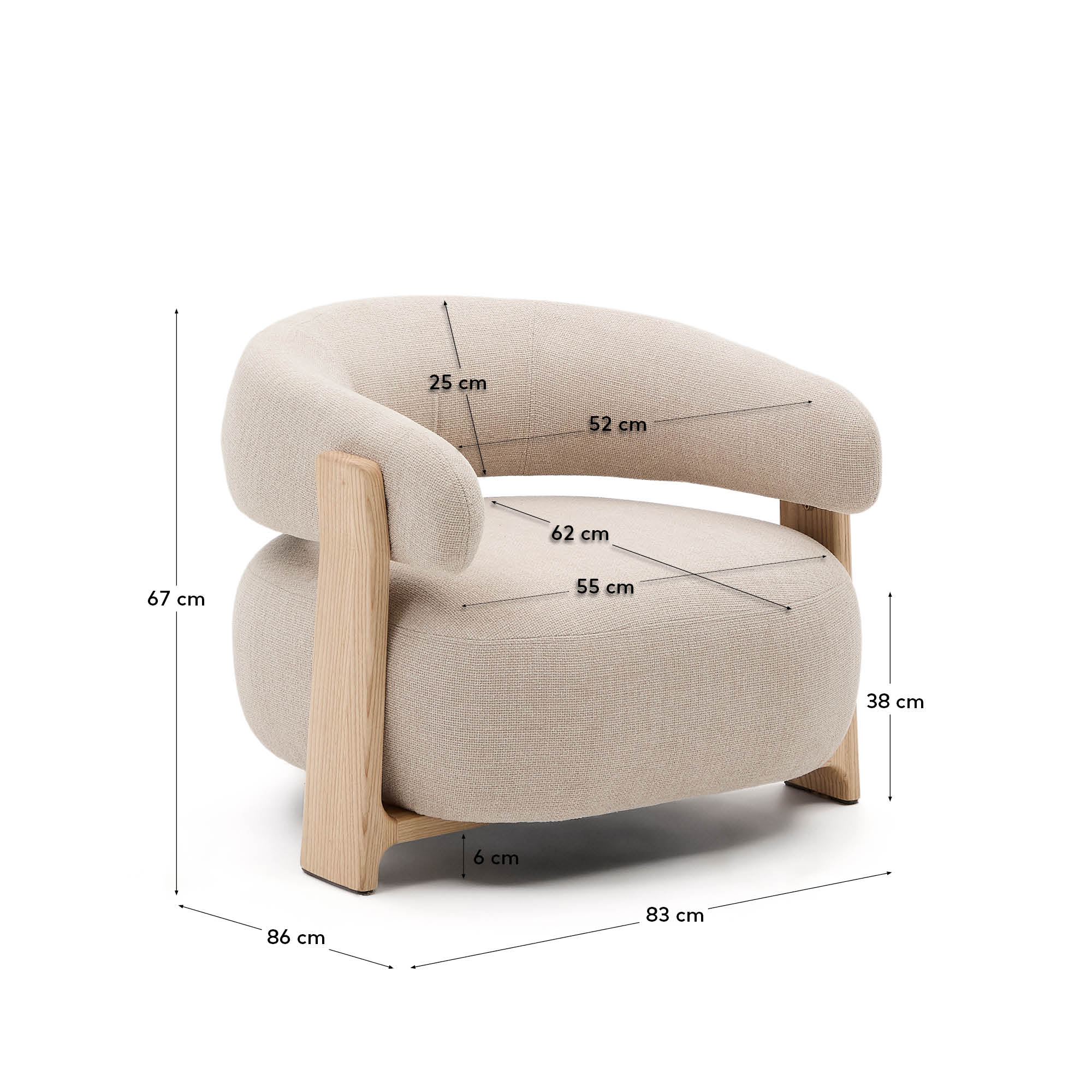 Eleganter Sessel mit weicher beigefarbener Chenille und FSC-zertifizierten Eschenholzbeinen, ideal für stilvolle Wohnbereiche.
