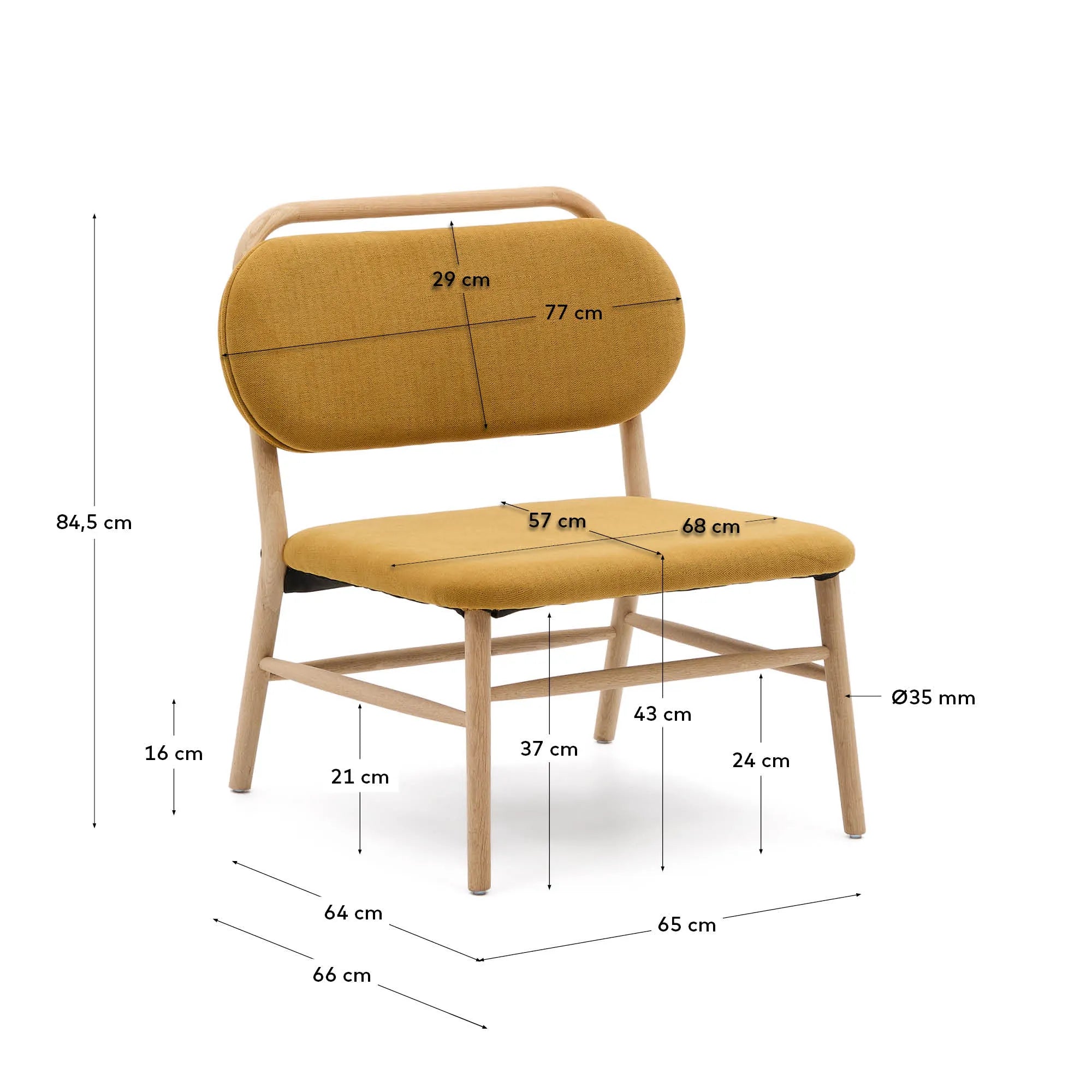 Ein eleganter Sessel aus senfgelbem Chenille und FSC-zertifiziertem Eichenholz, der Stil und Komfort vereint.