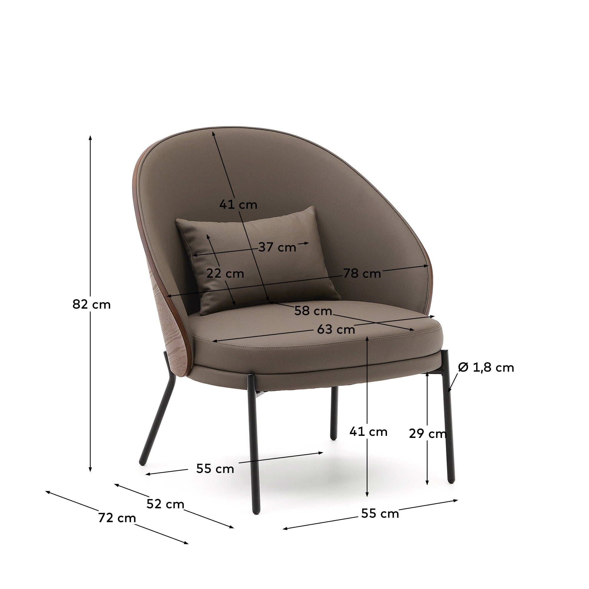 Eamy Sessel: Elegantes braunes Kunstleder, Nussbaum-Eschenfurnier und schwarzes Metall – perfekt für stilvolle und moderne Einrichtungen.