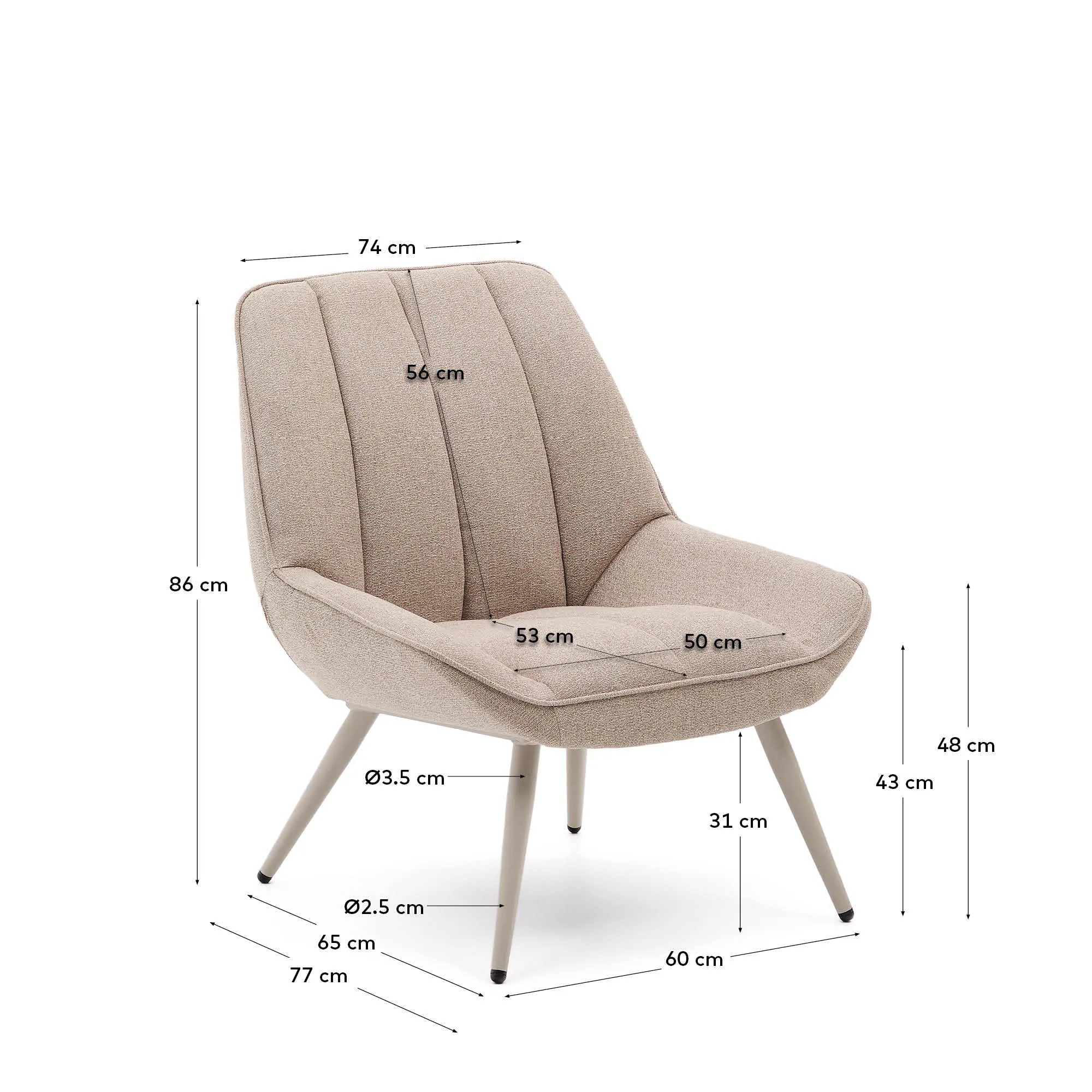 Der Sessel Marlina vereint weichen Chenille-Stoff in Beige mit stabilen, mattgrauen Stahlbeinen für zeitlosen Komfort.