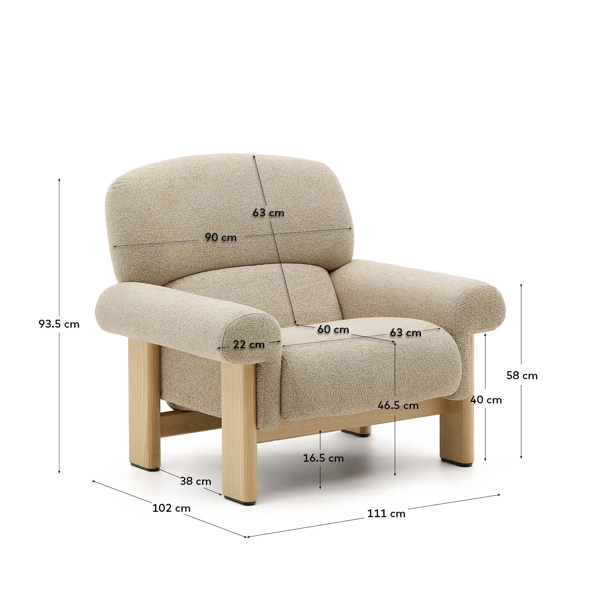 Eleganter Sessel aus beigem Chenille mit Eschenholzbeinen, vereint Komfort und Stil, FSC-zertifiziert, ideal für jedes Interieur.