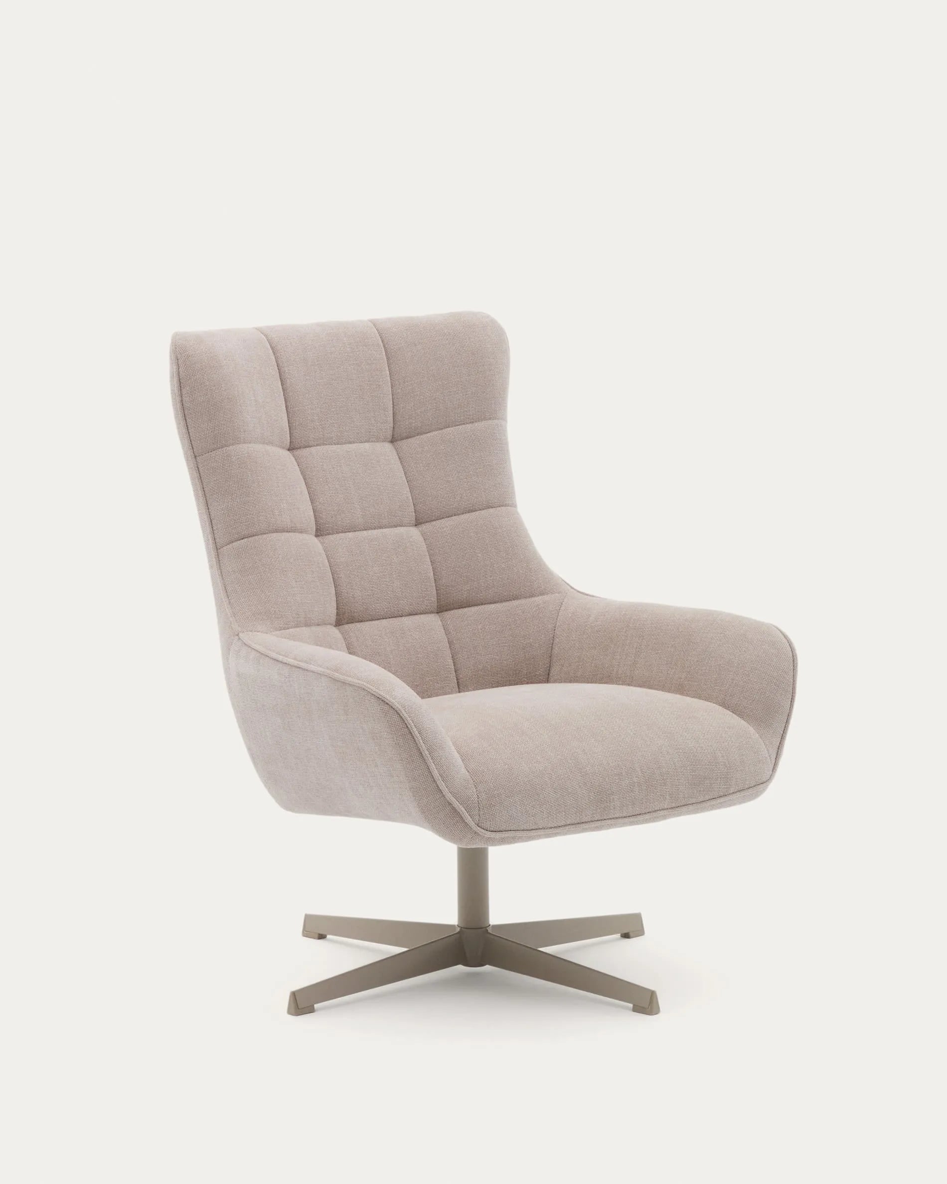 3D-Modell des Sessels Teryl: Beigefarbene Chenille, graue Metallbeine, FSC-zertifiziert. Eleganz und Komfort für Ihr Zuhause.