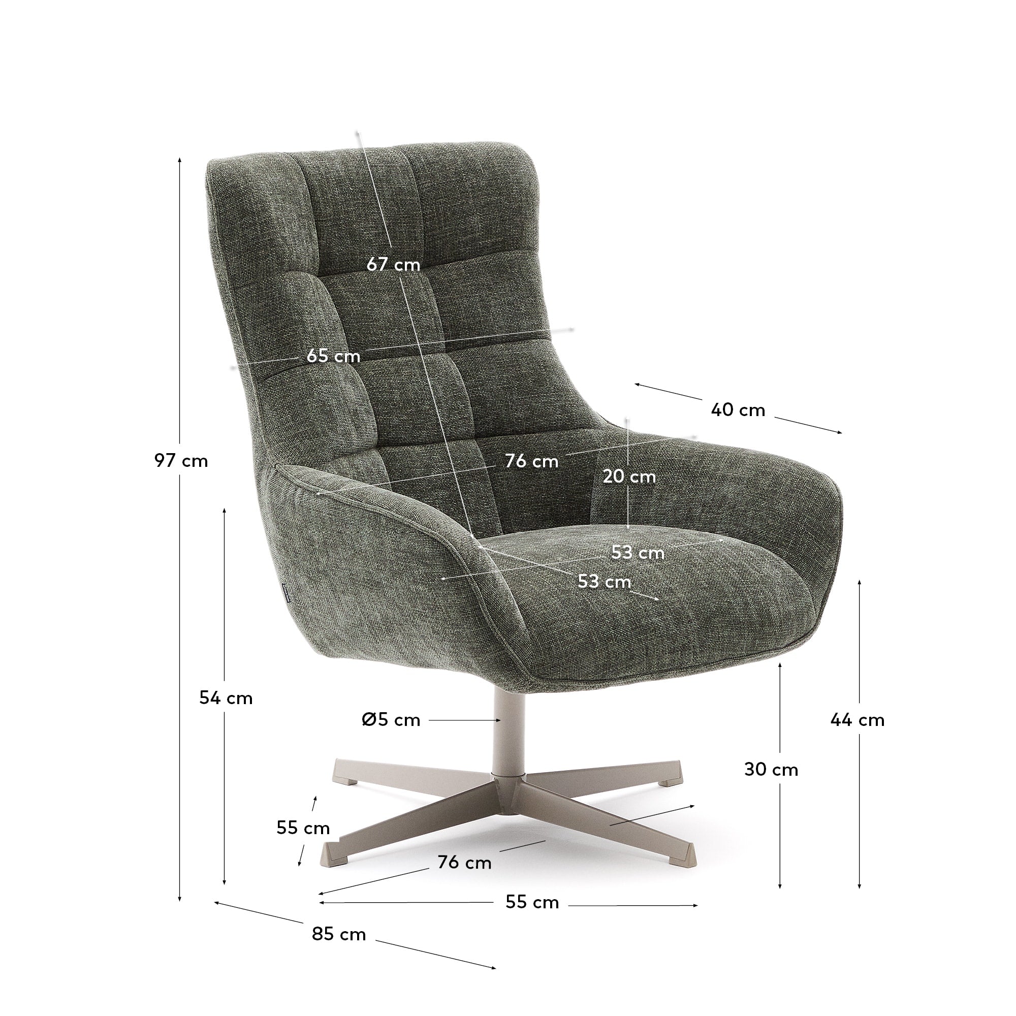 Der drehbare Sessel Teryl von Kave Home vereint stilvolle grüne Chenille-Polsterung mit stabilen Metallbeinen. Ideal für nachhaltige Wohnkonzepte.