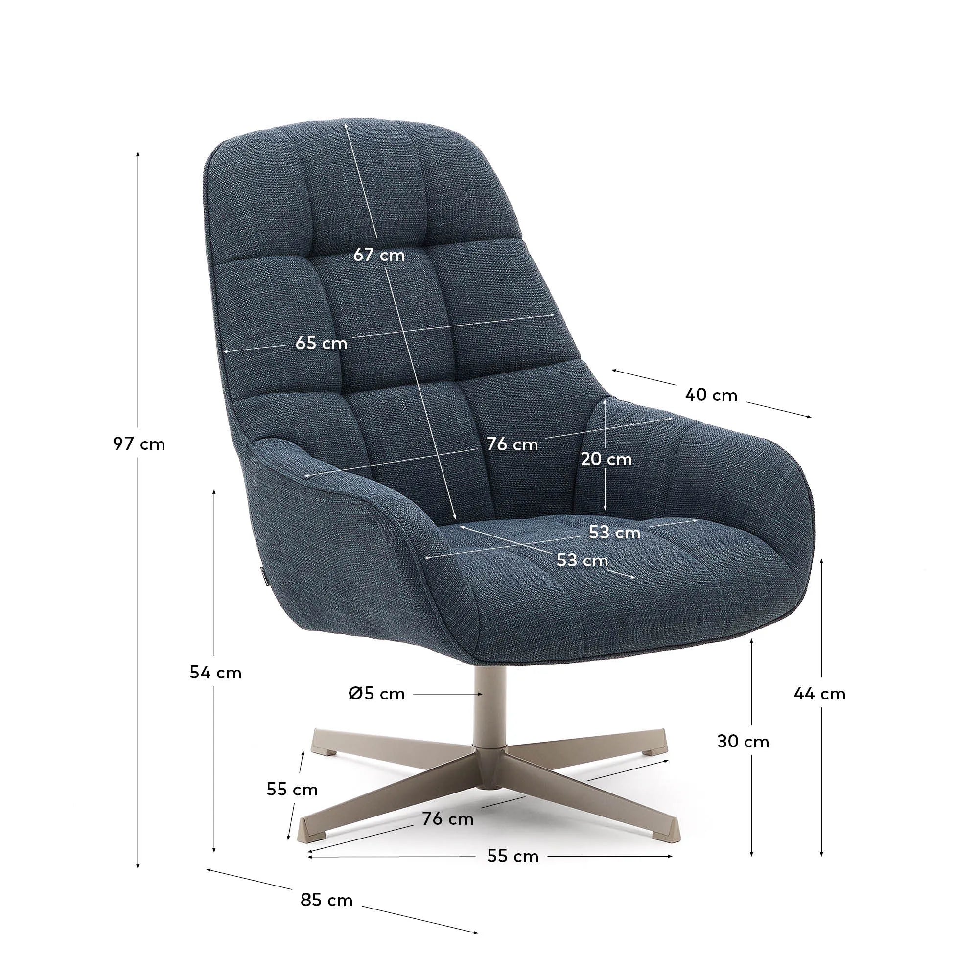 Eleganter Drehsessel Jaspe in Blau mit grauer Metallbasis, bietet Komfort und Stil für jeden Raum. Nachhaltig und modern.