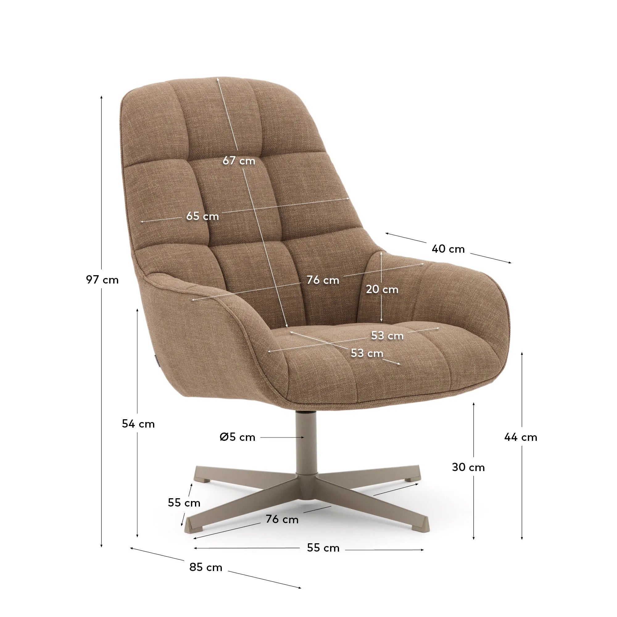 Eleganter Drehsessel in hellbraun mit grauem Metallgestell, drehbar, aus FSC-zertifiziertem Holz, ideal für stilvolle Entspannung.