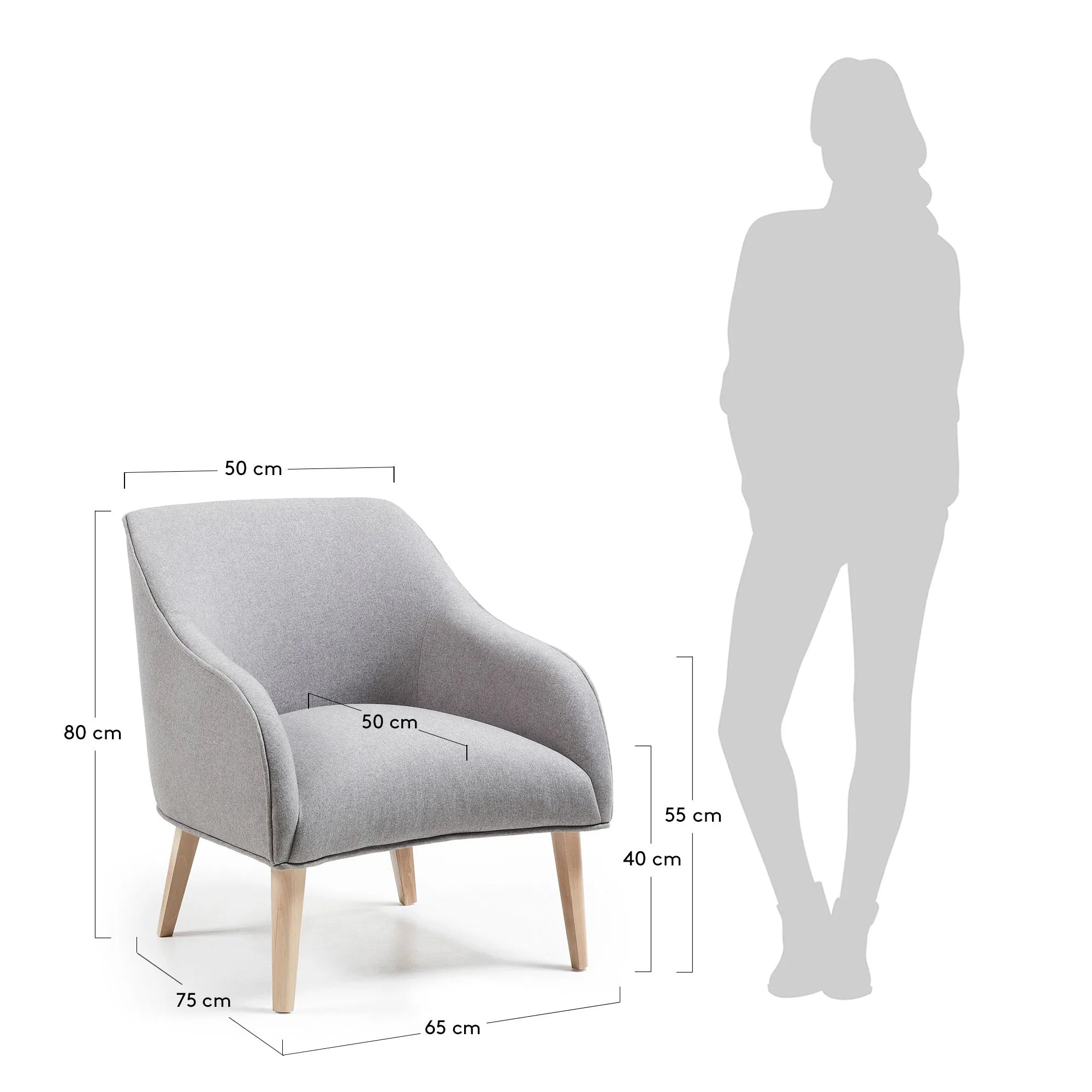 Moderner Sessel Bobly in Grau mit stabilen Holzbeinen im natürlichen Finish, ideal für stilvolle und gemütliche Wohnräume.