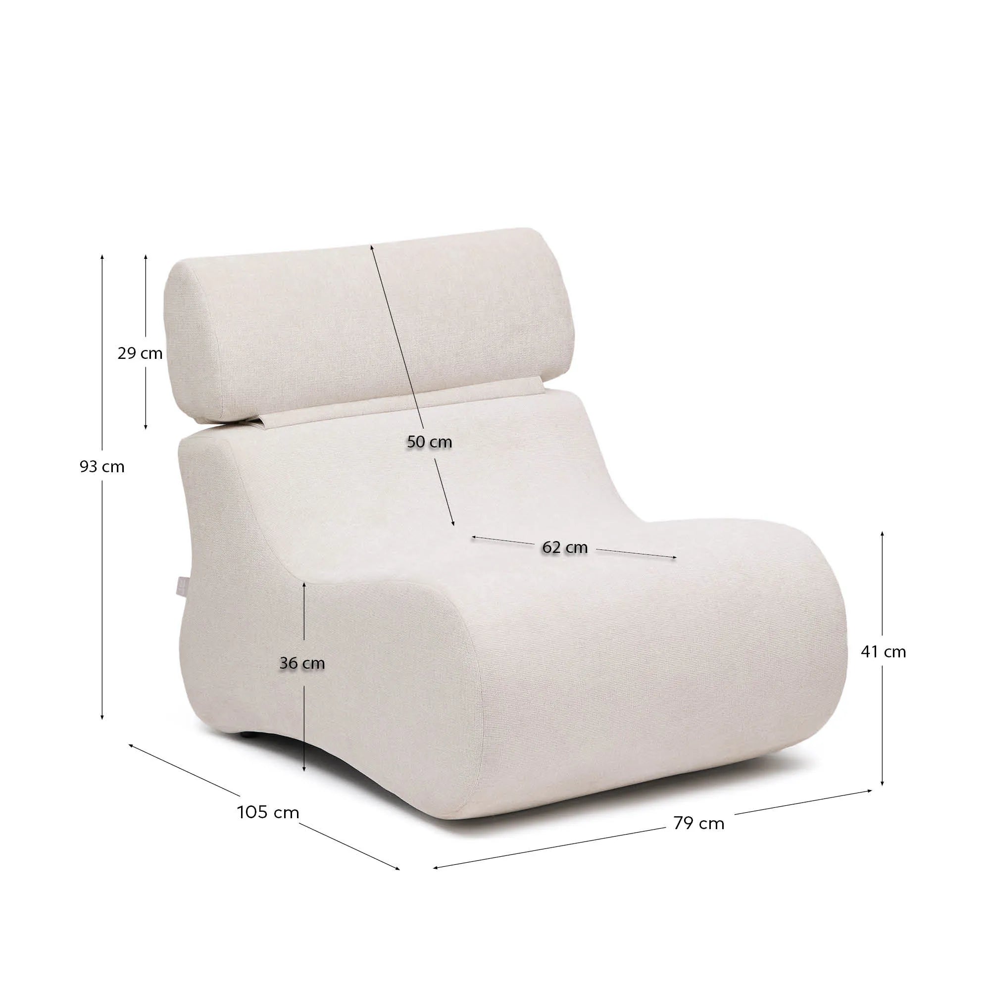 Eleganter Sessel in perlmuttfarbener Chenille, bietet Komfort und Stil mit klappbarer Kopfstütze und robuster Holzstruktur.