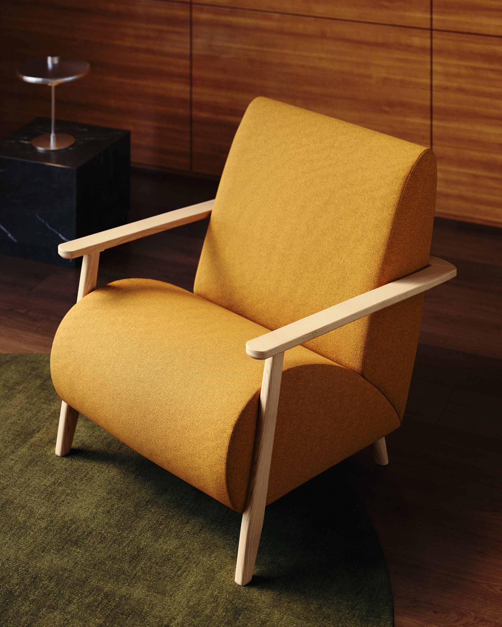 Sessel Meghan in schwer entflammbarem Lammfellimitat in Senfgelb mit massivem Eschenholz mit Natur-Finish, FSC Mix Credit in Senfgelb präsentiert im Onlineshop von KAQTU Design AG. Sessel mit Armlehnen ist von Kave Home