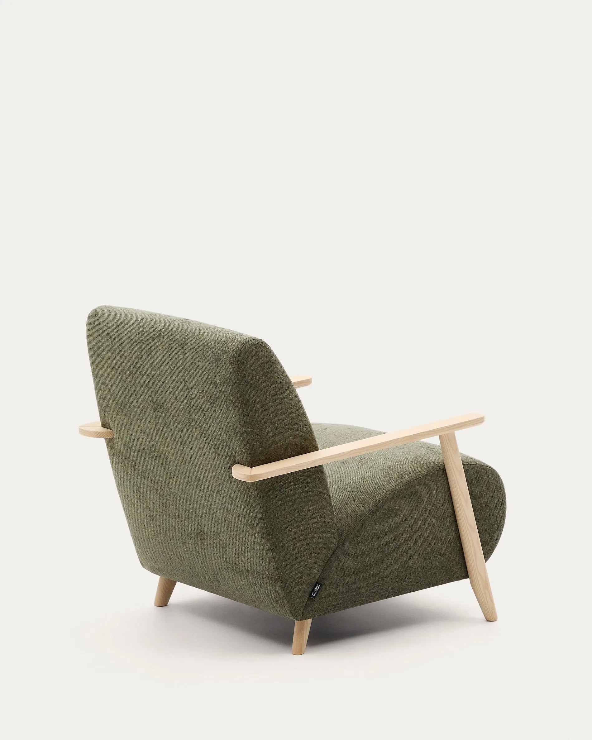 Eleganter Sessel aus grünem Chenille und Eschenholz, FSC-zertifiziert, bietet Komfort und Stil für jeden Raum.