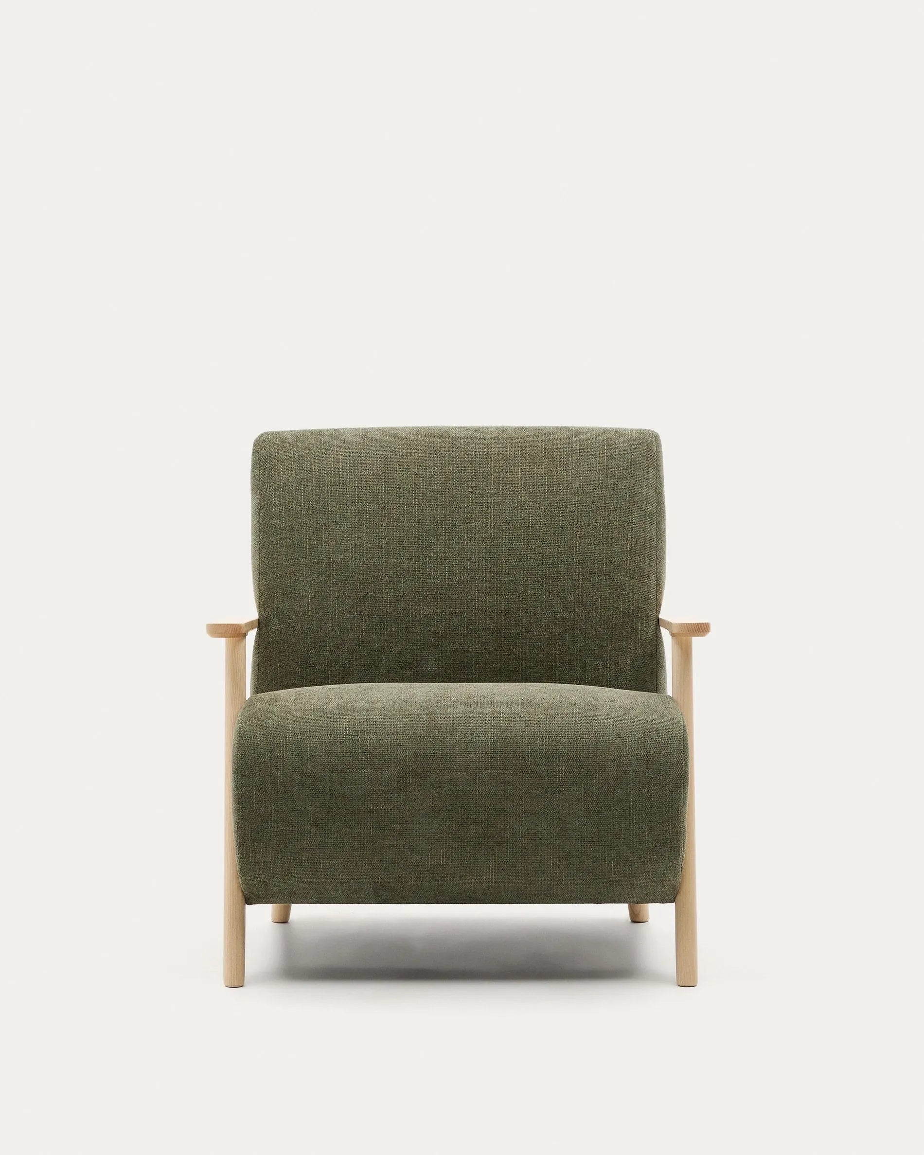 Eleganter Sessel aus grünem Chenille und Eschenholz, FSC-zertifiziert, bietet Komfort und Stil für jeden Raum.