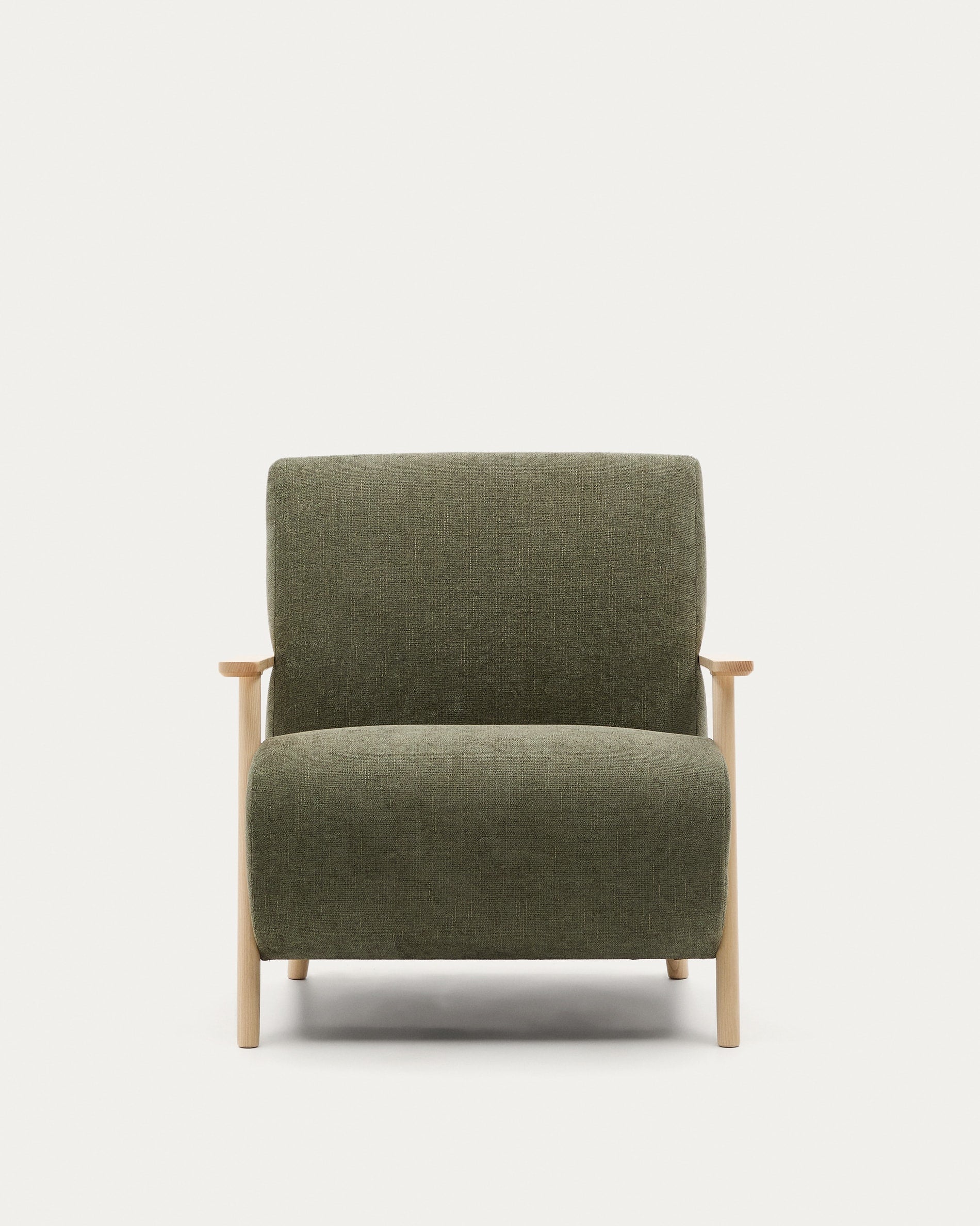 Eleganter Sessel Meghan aus grünem Chenille, Eschenholz mit natürlichem Finish, FSC-zertifiziert, von Kave Home.
