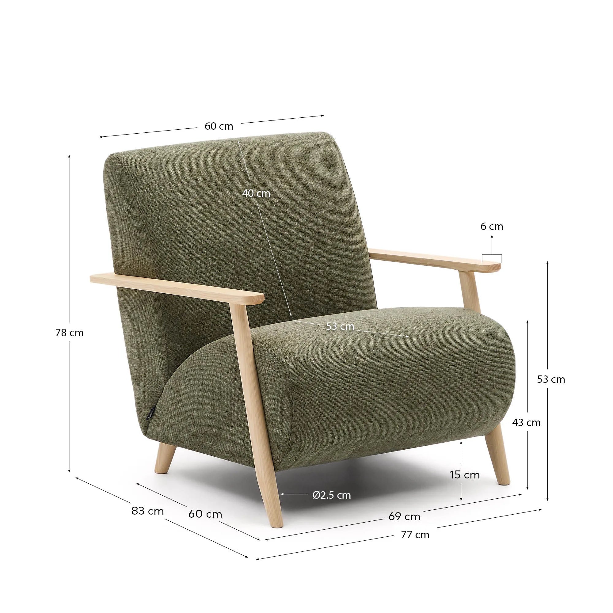 Eleganter Sessel aus grünem Chenille und Eschenholz, FSC-zertifiziert, bietet Komfort und Stil für jeden Raum.