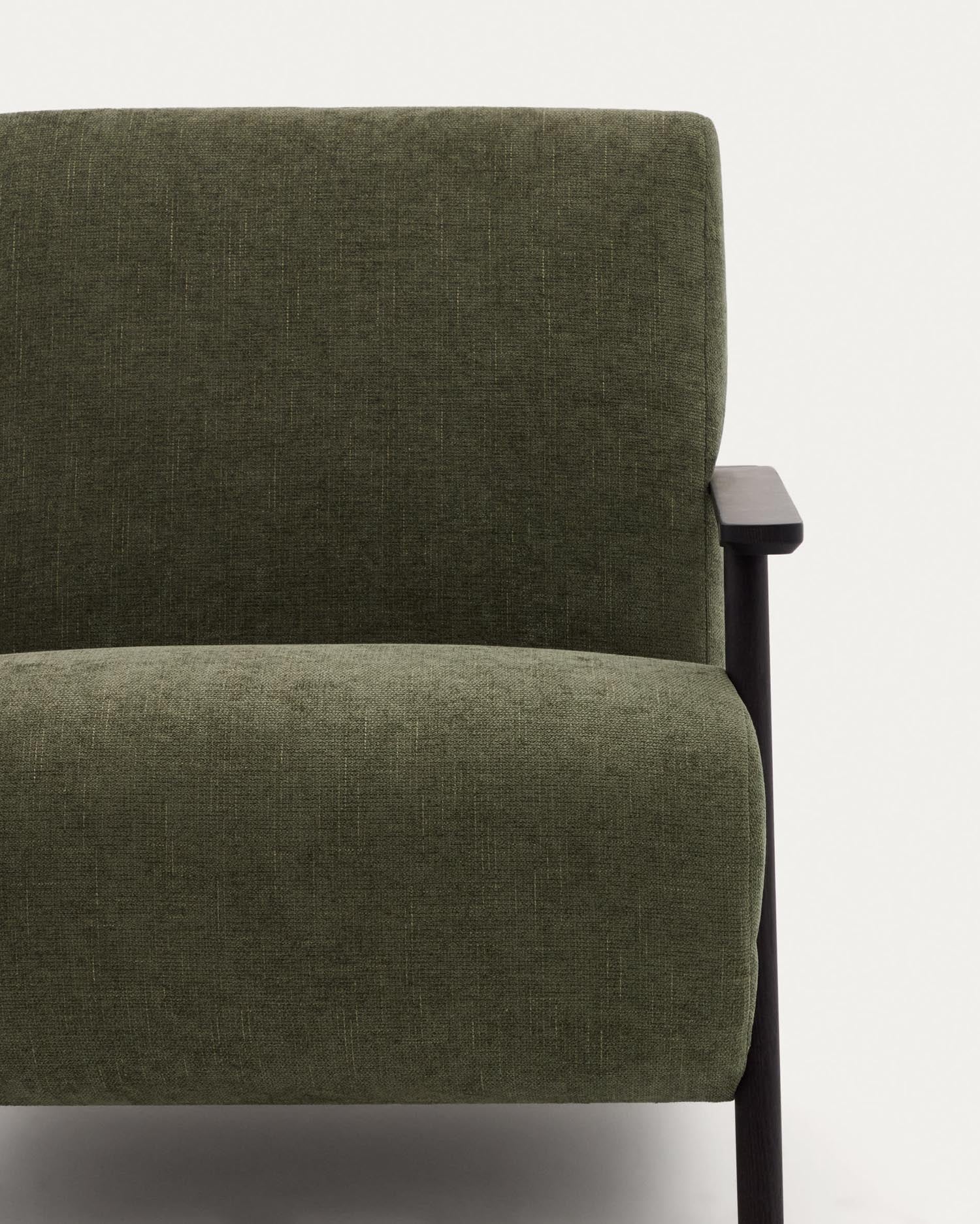 Eleganter Sessel Meghan aus grünem Chenille, massivem Eschenholz mit Wenge-Finish, FSC-zertifiziert, stilvoll und komfortabel.