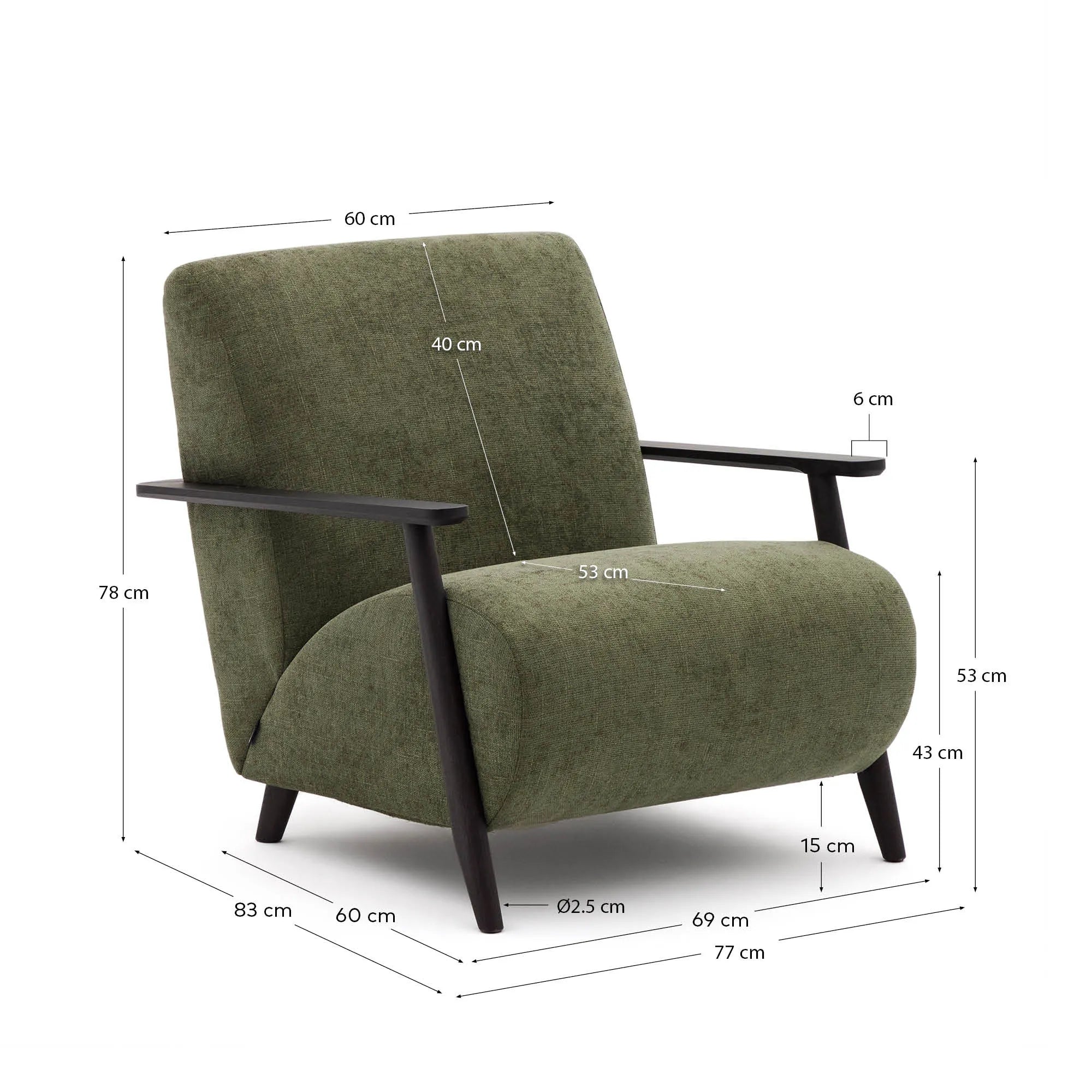Eleganter Sessel aus grünem Chenille und Eschenholz mit Wenge-Finish, FSC-zertifiziert, für stilvollen Komfort.