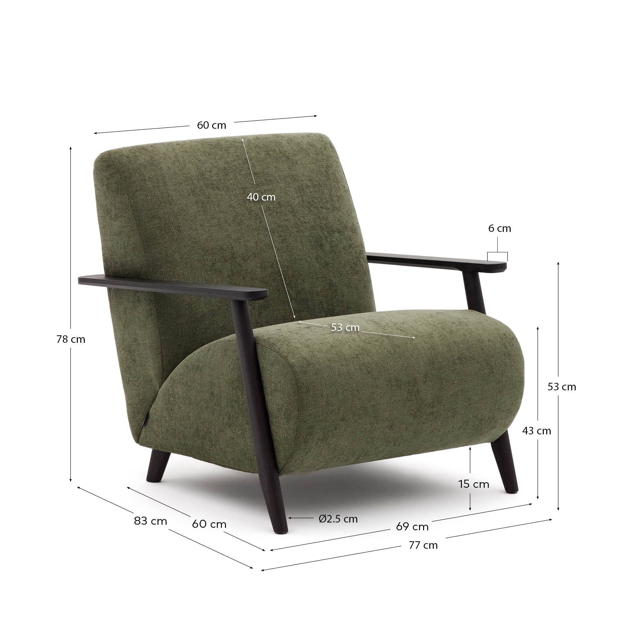 Sessel Meghan: Grünes Chenille, FSC-zertifiziertes Eschenholz mit Wenge-Finish, modern, komfortabel und umweltfreundlich.