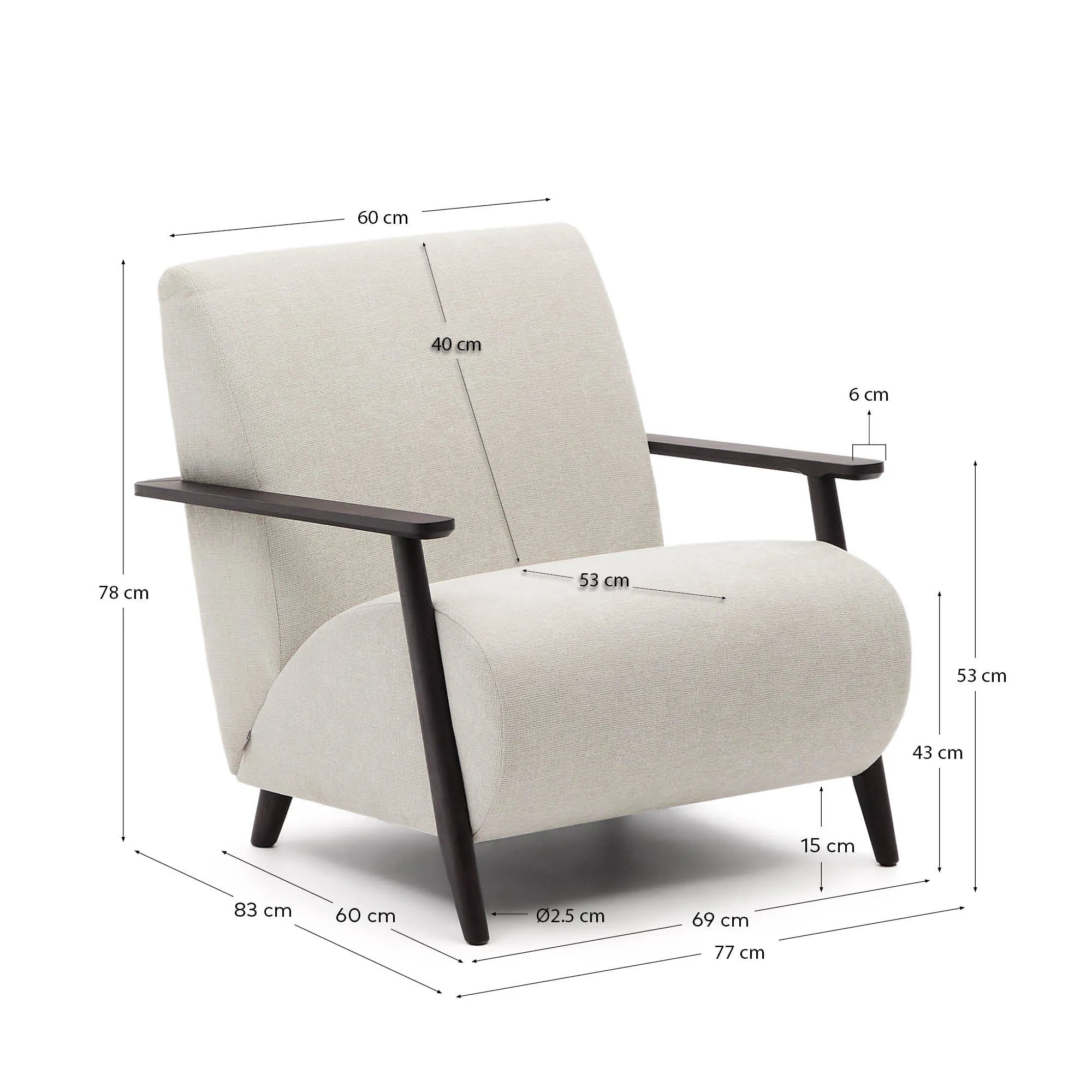 Sessel Meghan: Perlfarbenes Chenille, FSC-zertifiziertes Eschenholz mit Wenge-Finish, stilvoll, nachhaltig und komfortabel.