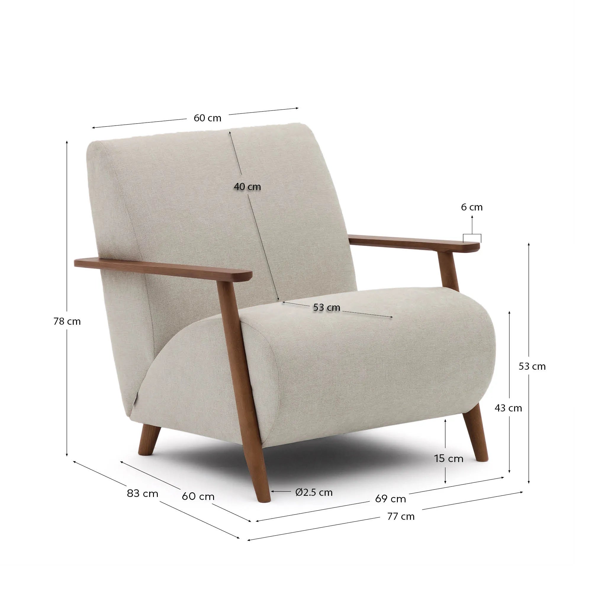 Eleganter Sessel mit perlfarbenem Chenille und Eschenholz in Nussholzfinish, FSC-zertifiziert, für stilvolles Wohnen.