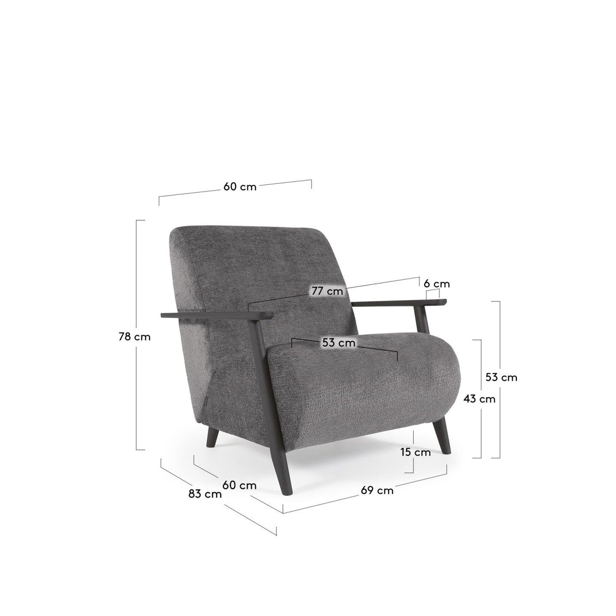 Sessel Meghan aus grauer Chenille und Holz mit Wenge-Finish in Grau präsentiert im Onlineshop von KAQTU Design AG. Sessel ist von Kave Home