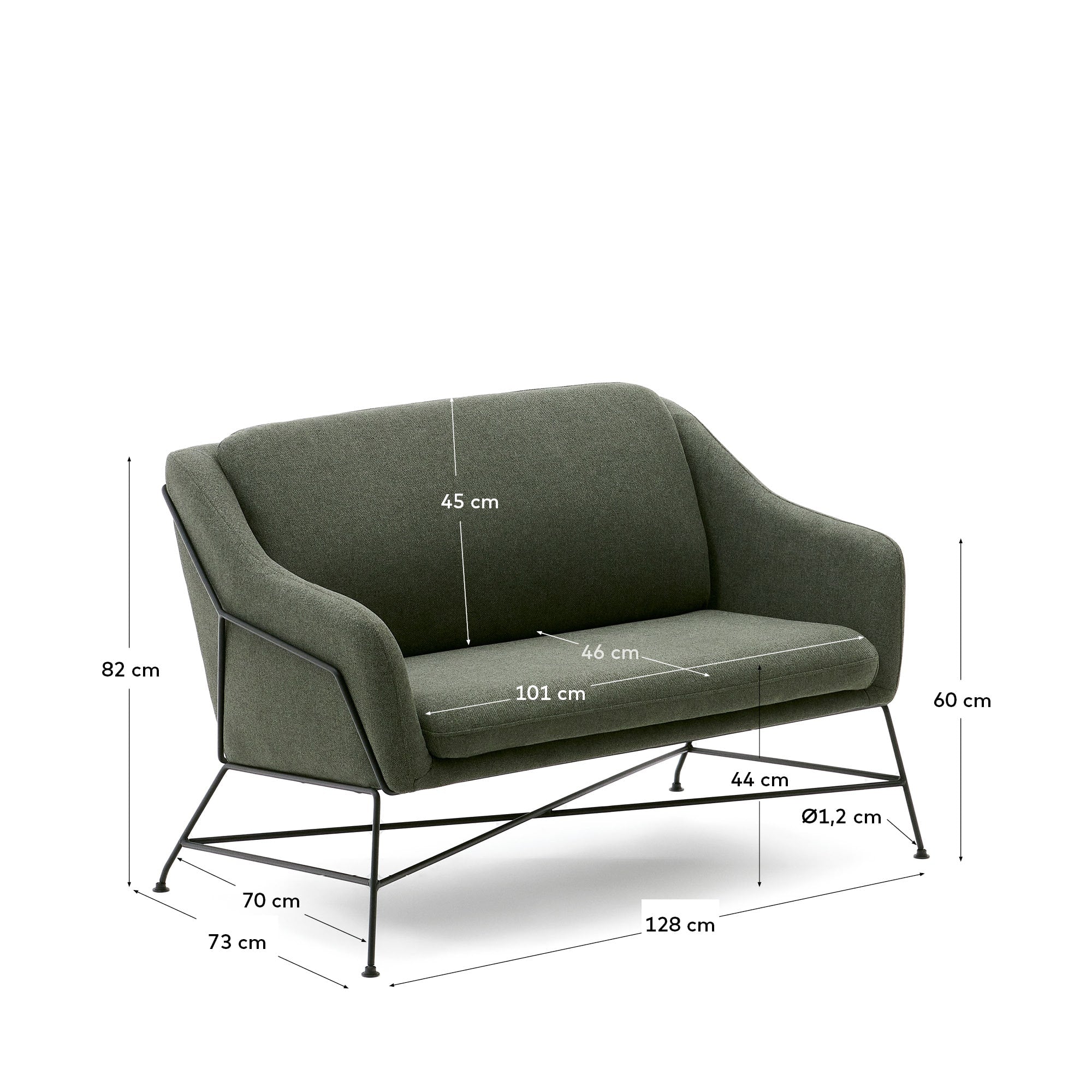 Elegantes Brida 2-Sitzer-Sofa in Grün mit robusten schwarzen Stahlbeinen, 128 cm breit, von Kave Home.