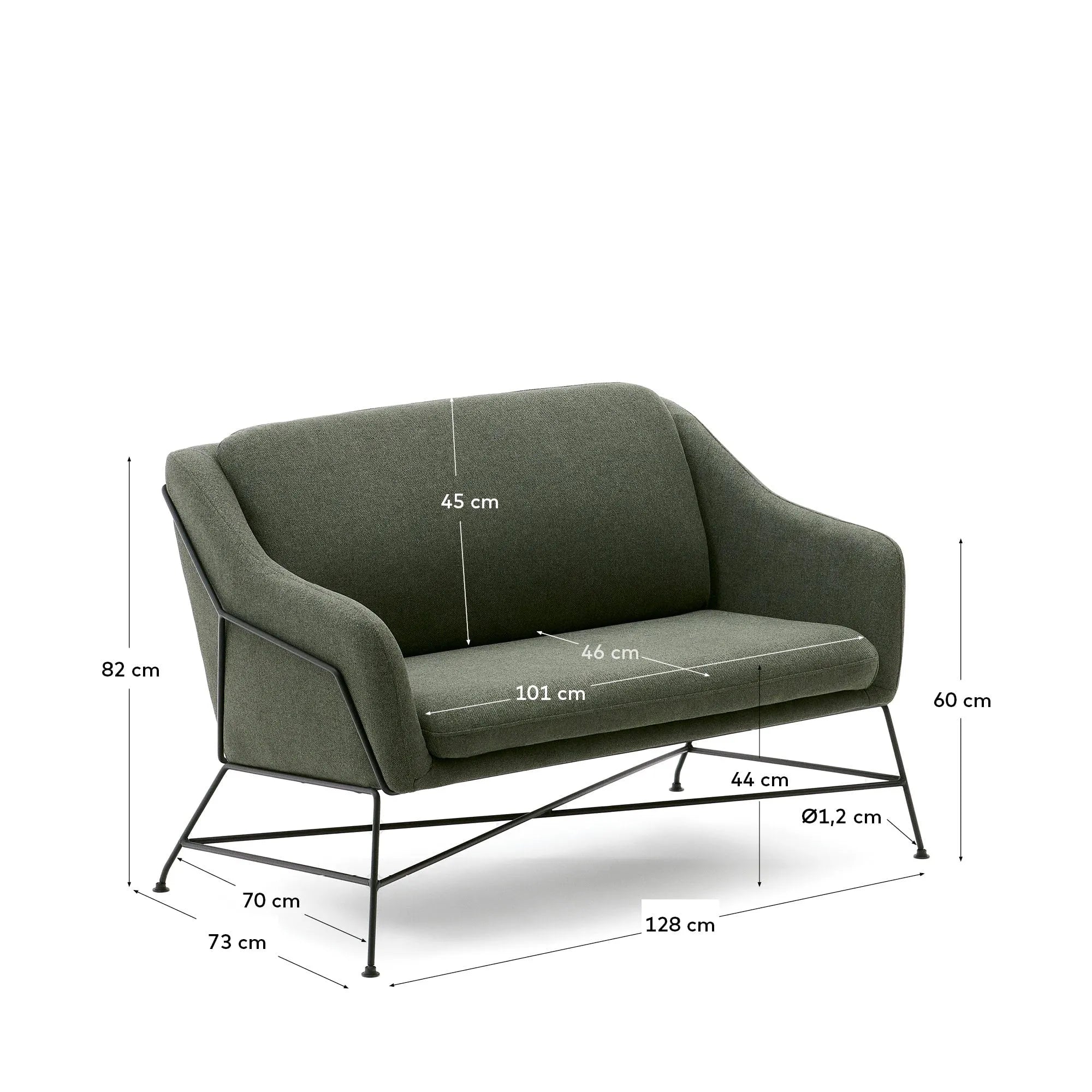 Komfortables Brida 2-Sitzer-Sofa in Grün mit stabilen schwarzen Stahlbeinen, 128 cm breit, von Kave Home.