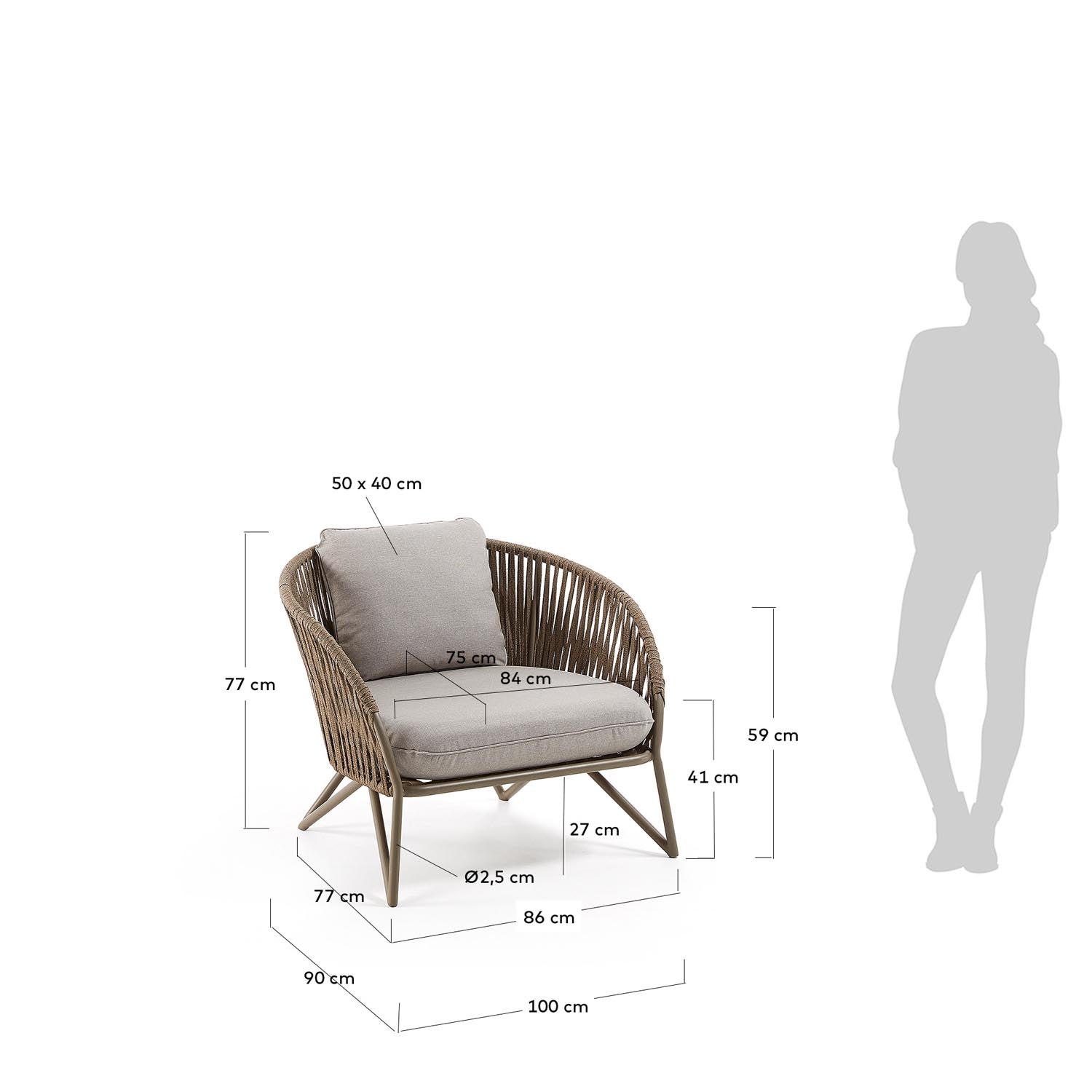 Branzie Sessel von Kave Home: Elegantes, braunes Seil-Design, perfekt für entspannte Stunden im Garten oder auf der Terrasse.