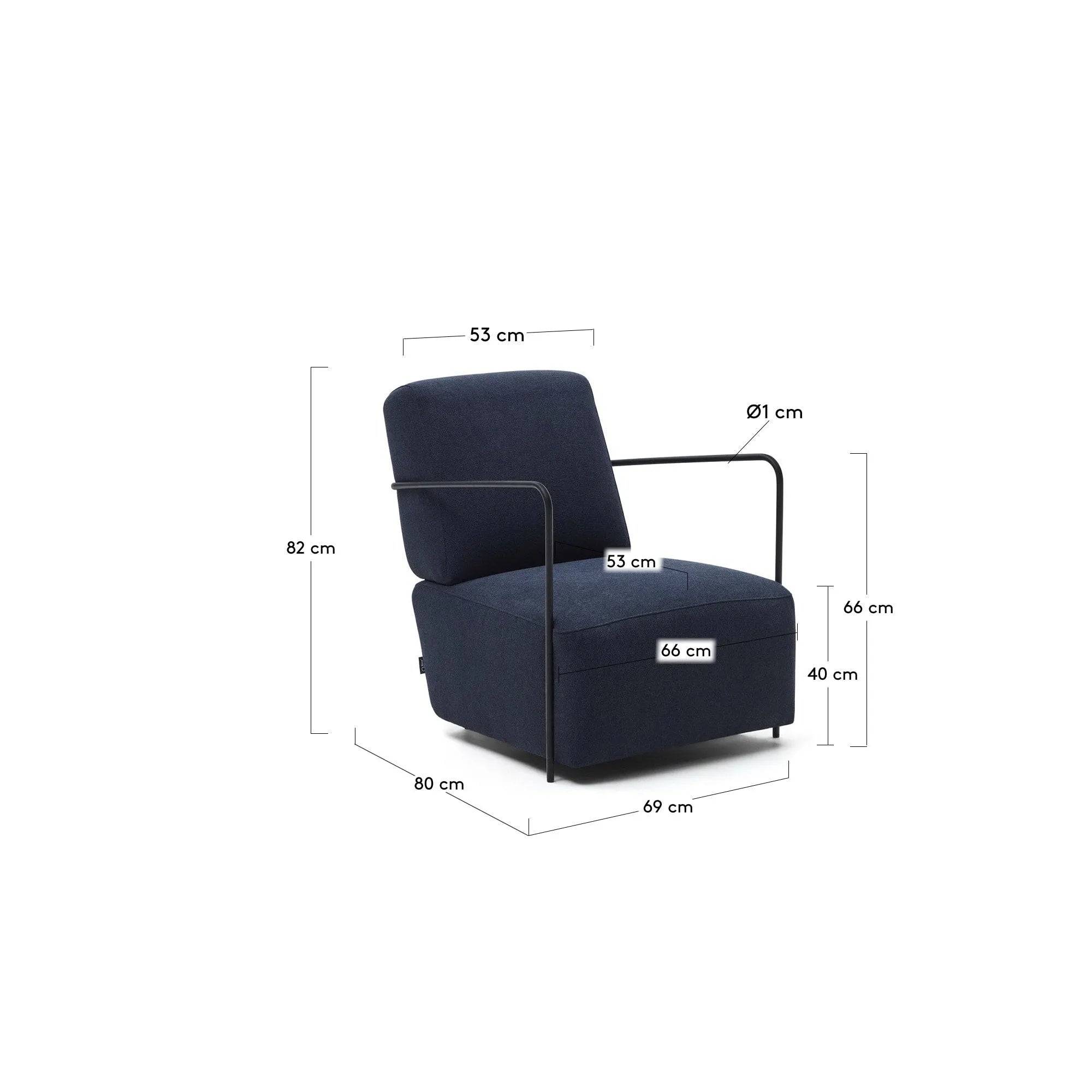 Eleganter blauer Sessel mit schwarzem Metallrahmen, ideal für modernes Wohnen. Komfort und Stil vereint in einem zeitlosen Design.