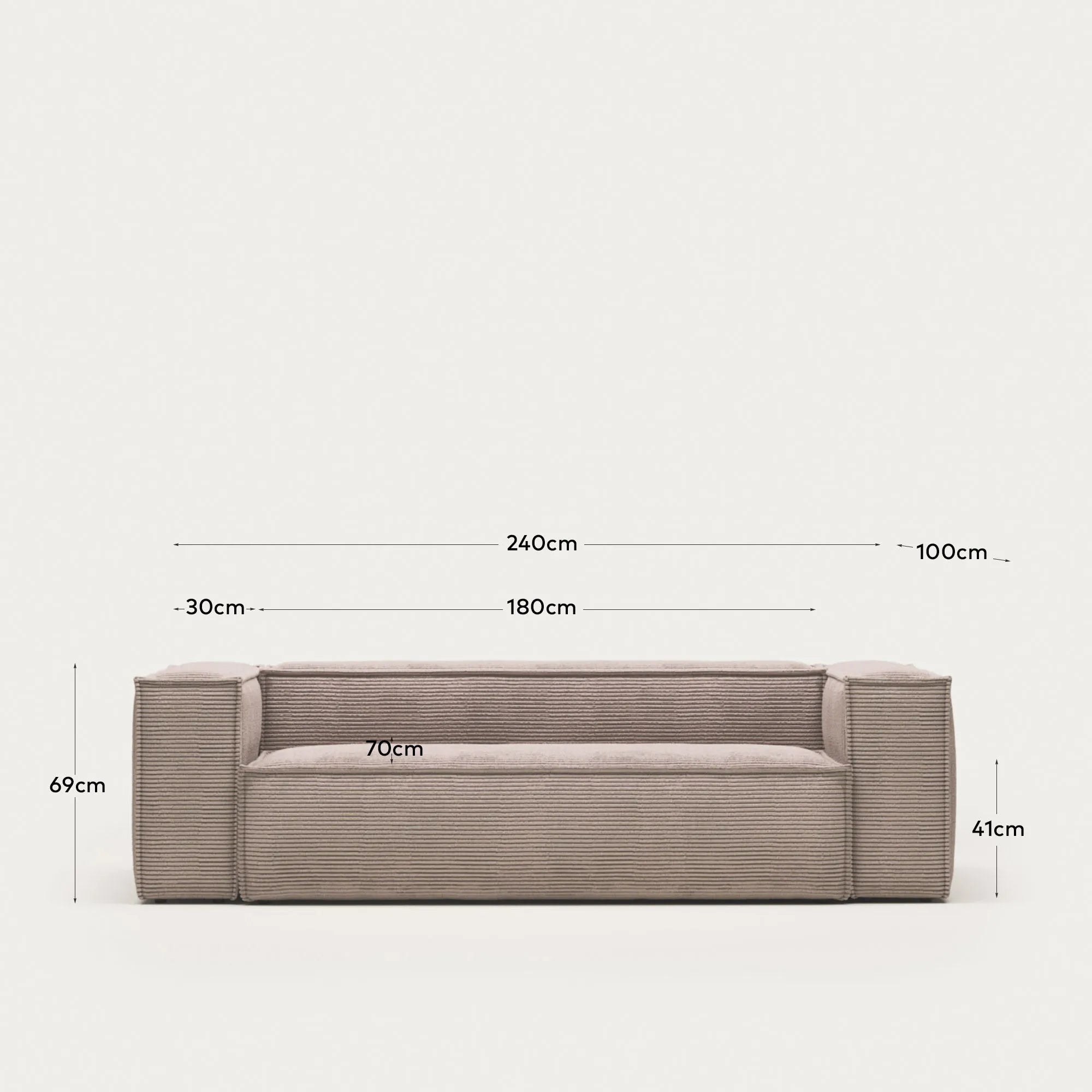 Elegantes 3-Sitzer-Sofa in rosa Cord, 240 cm breit, vereint Komfort und Stil für vielseitige Wohnräume.