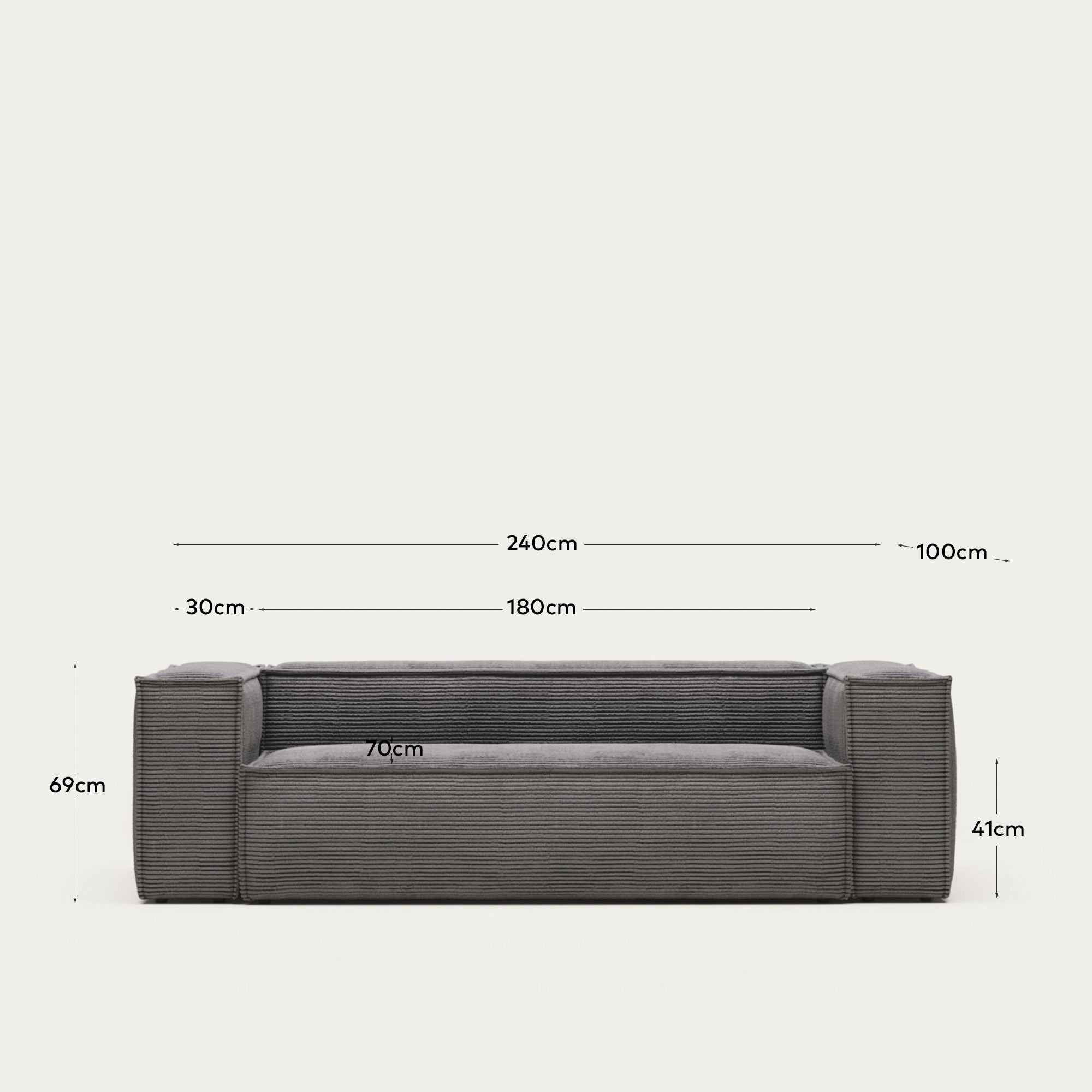 3-Sitzer-Sofa Blok, schwer entflammbar mit dickem, grauem Cord, 240 cm, FSC Mix Credit in Grau präsentiert im Onlineshop von KAQTU Design AG. 3er Sofa ist von Kave Home