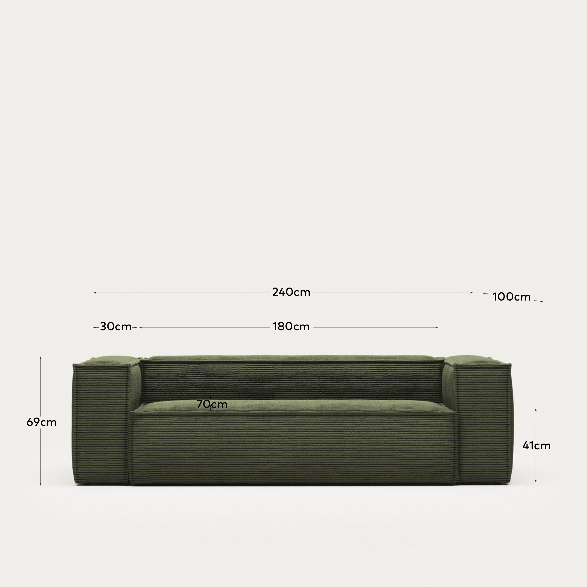 3-Sitzer-Sofa Blok, schwer entflammbar mit dickem, grünen Cord, 240 cm, FSC Mix Credit in Grün präsentiert im Onlineshop von KAQTU Design AG. 3er Sofa ist von Kave Home