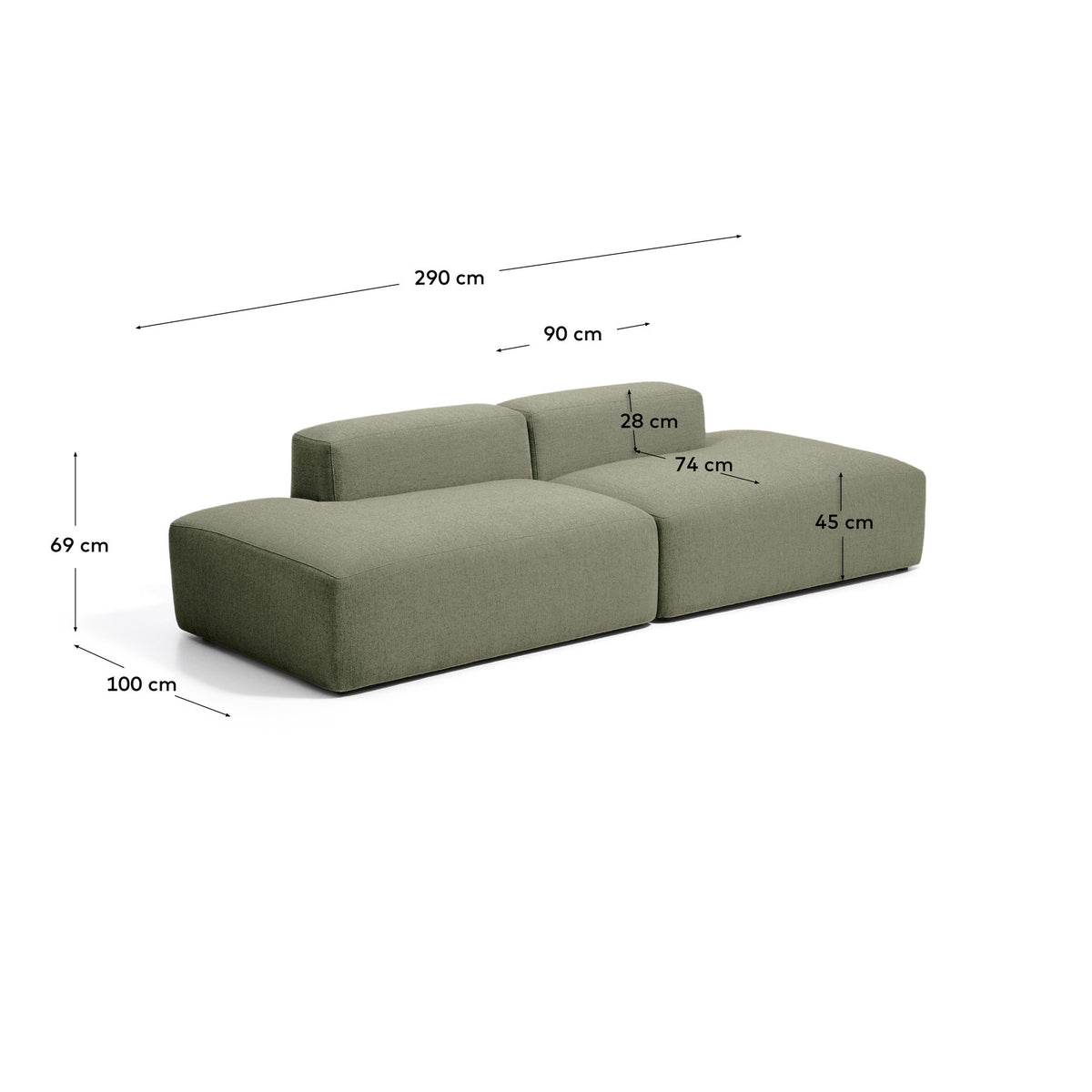 3-Sitzer-Sofa Blok in moosgrüner Chenille, 290 cm, FSC Mix Credit in Grün präsentiert im Onlineshop von KAQTU Design AG. 3er Sofa ist von Kave Home
