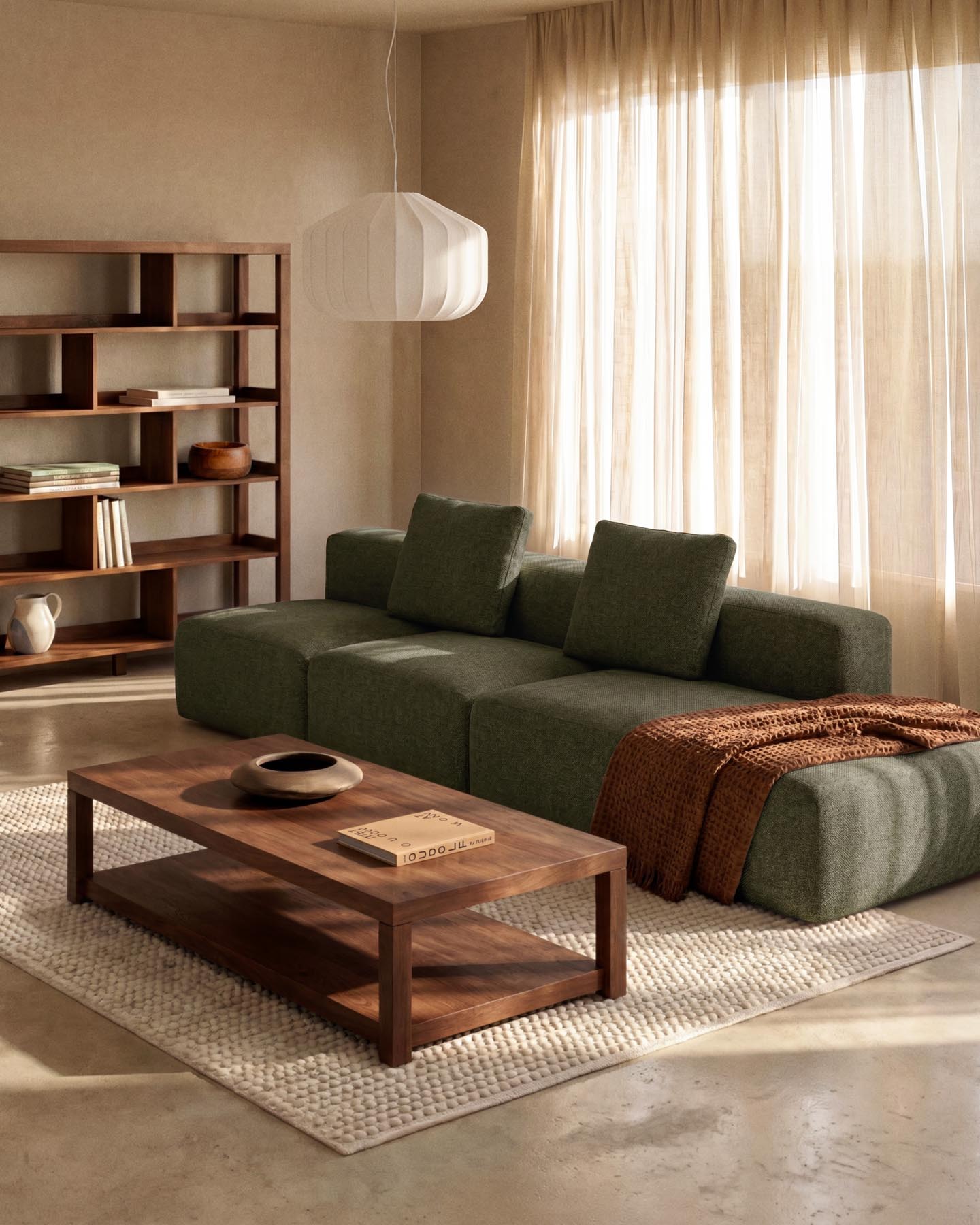 3-Sitzer-Sofa Blok mit Randmodul links in moosgrüner Chenille, 325 cm, FSC Mix Credit in Grün präsentiert im Onlineshop von KAQTU Design AG. 3er Sofa ist von Kave Home