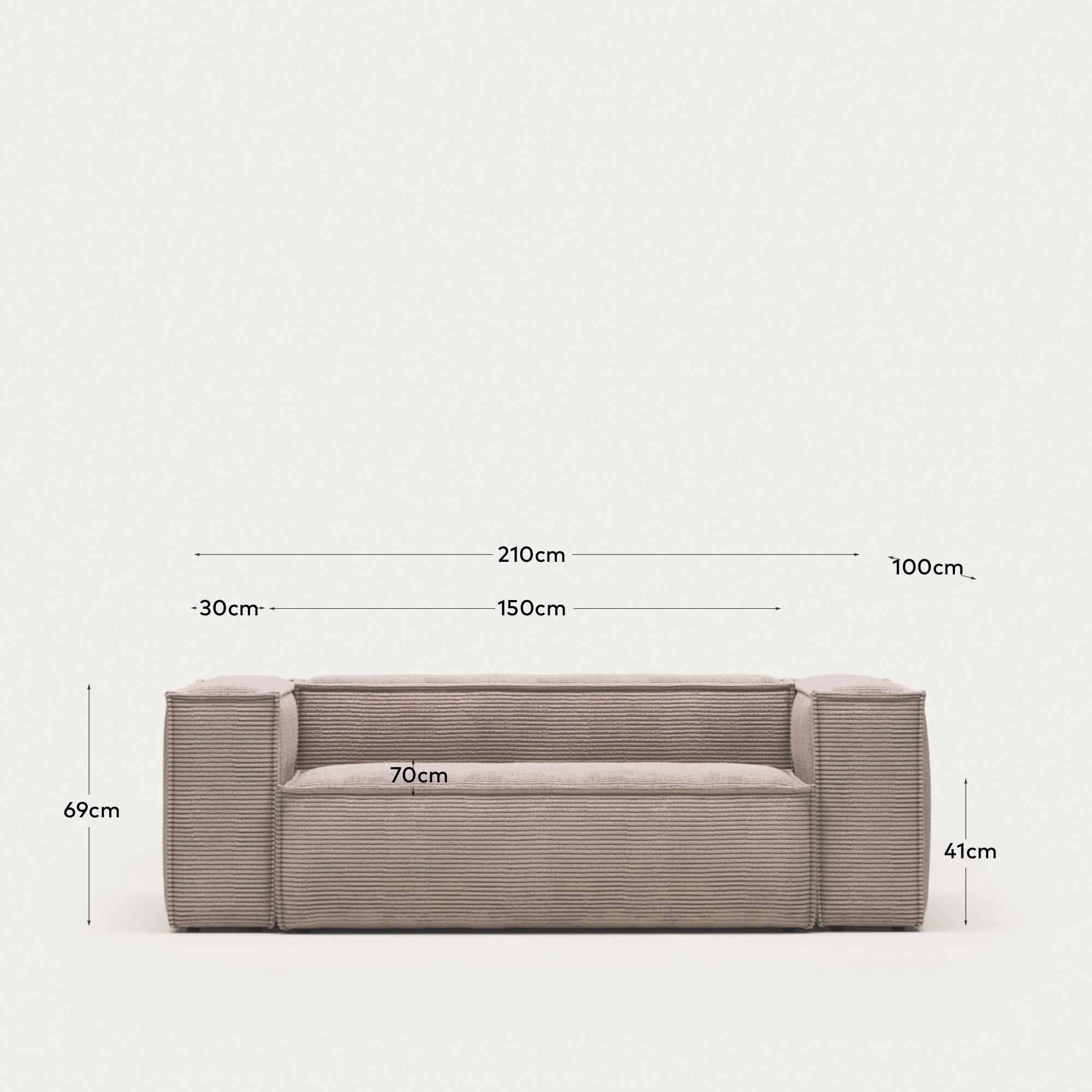 Elegantes 2-Sitzer-Sofa in rosa Cord, 210 cm breit, vereint Komfort und Stil für moderne, gemütliche Wohnräume.