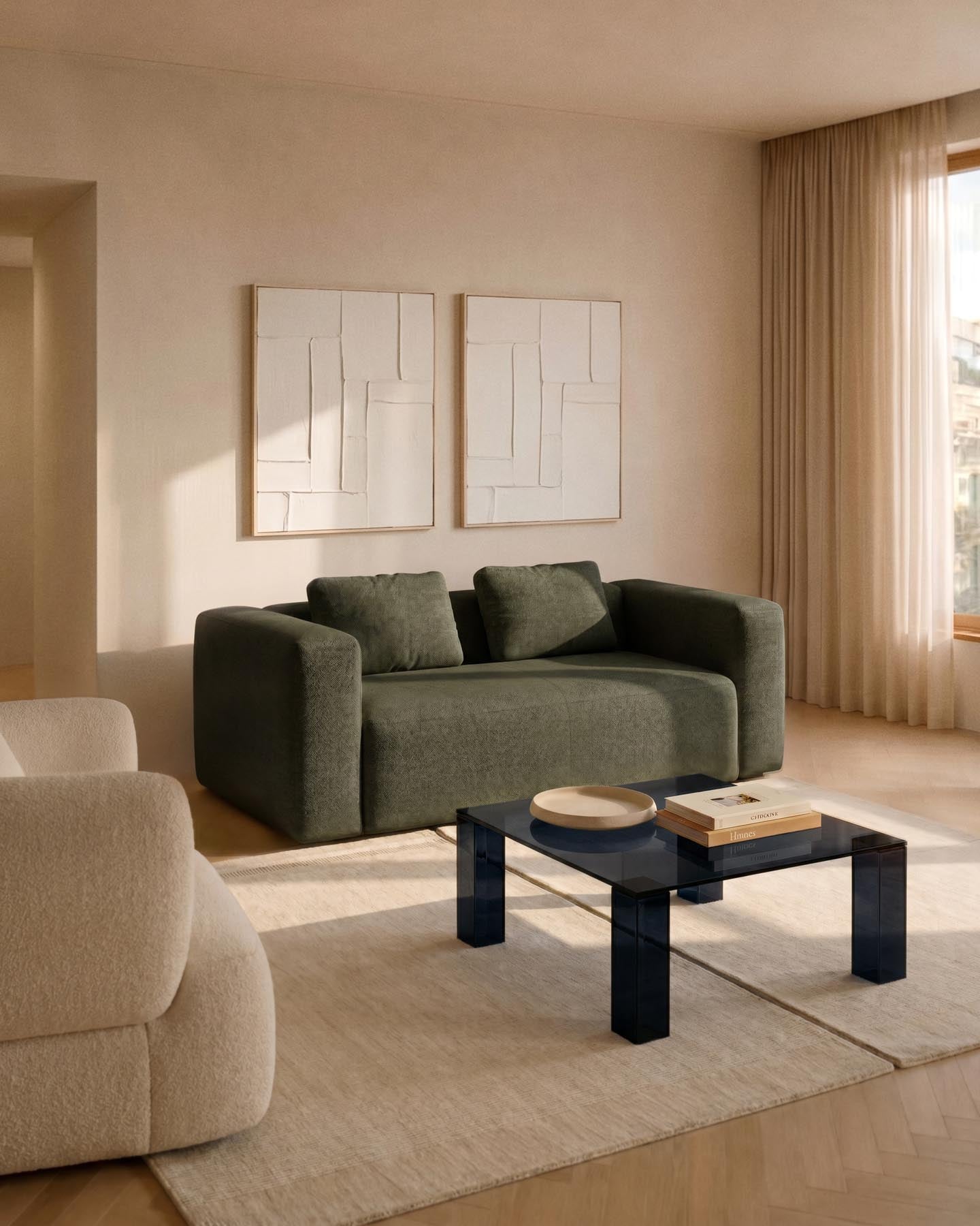 2-Sitzer-Sofa Blok in moosgrüner Chenille, 210 cm, FSC Mix Credit in Grün präsentiert im Onlineshop von KAQTU Design AG. 2er Sofa ist von Kave Home