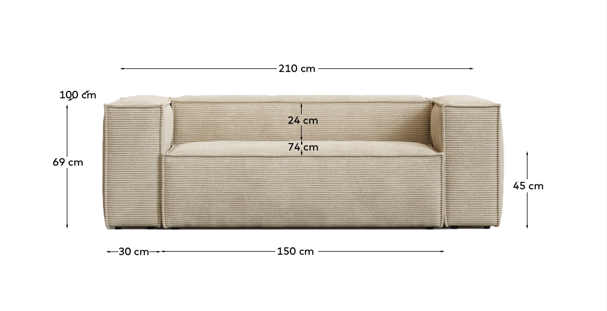 2-Sitzer-Sofa Blok schwer entflammbar mit dickem Cord in Ecru 210 cm FSC Mix Credit in Ecru präsentiert im Onlineshop von KAQTU Design AG. 2er Sofa ist von Kave Home