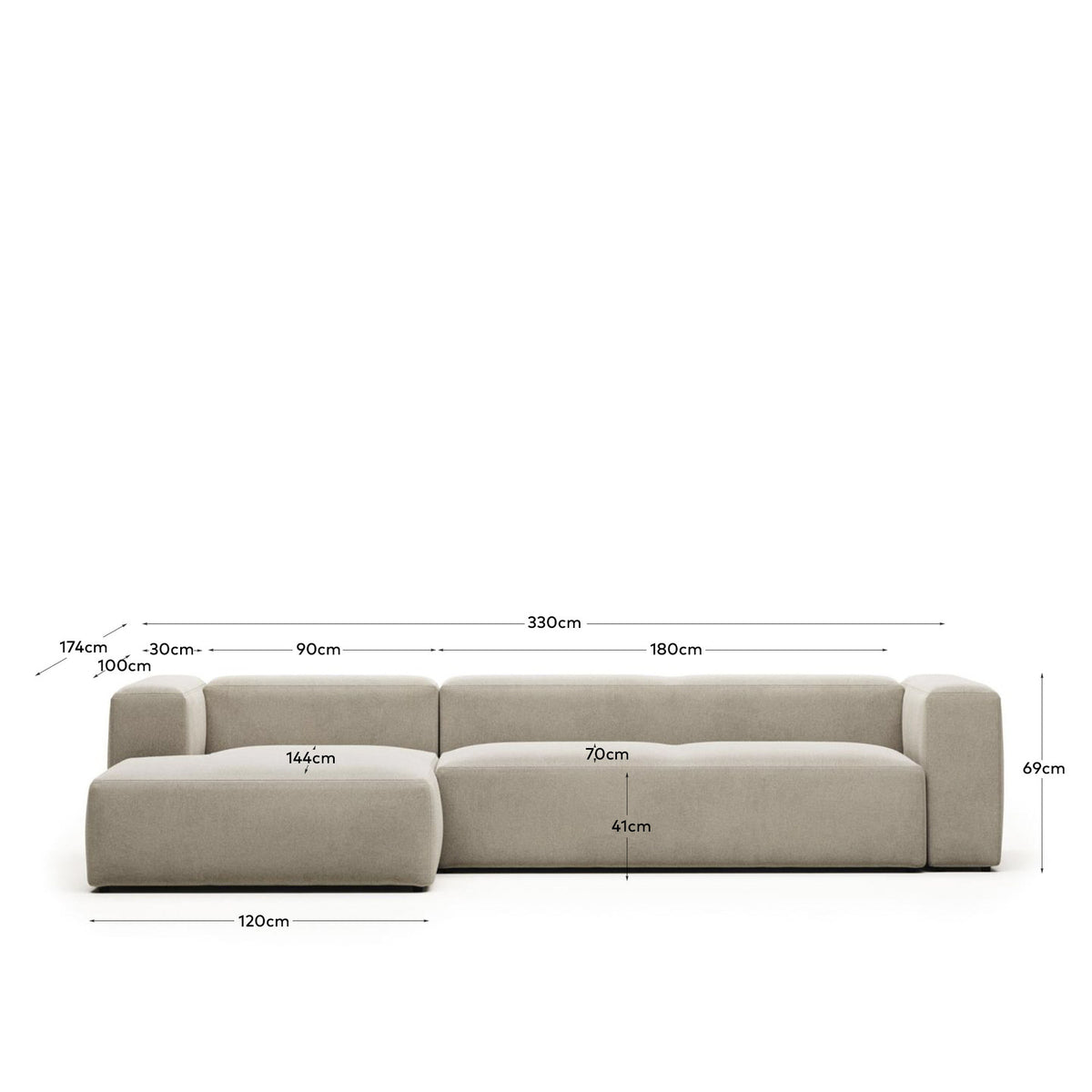 4-Sitzer-Sofa Blok mit Chaiselongue links, schwer entflammbar mit beiger Chenille, 330 cm in Beige präsentiert im Onlineshop von KAQTU Design AG. 4er Sofa ist von Kave Home