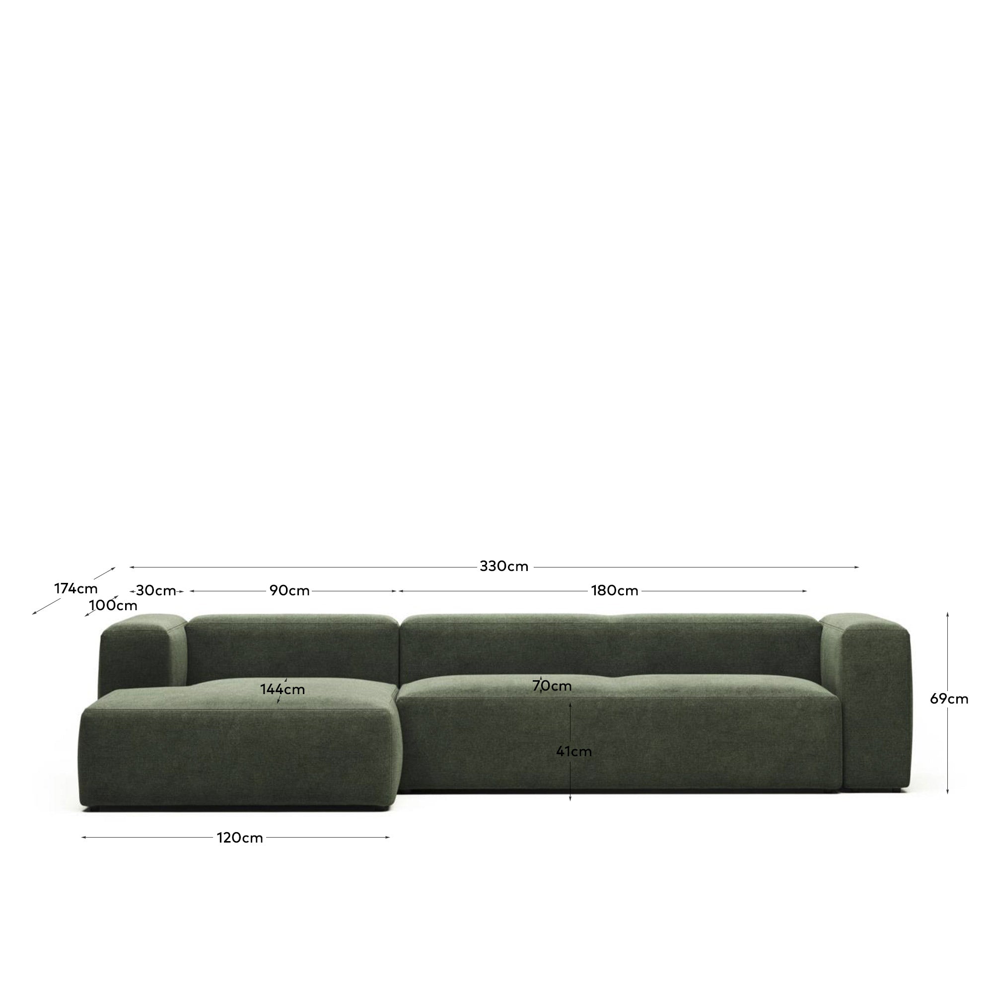 4-Sitzer-Sofa Blok mit Chaiselongue links, schwer entflammbar mit grüner Chenille, 330 cm in Grün präsentiert im Onlineshop von KAQTU Design AG. 4er Sofa ist von Kave Home