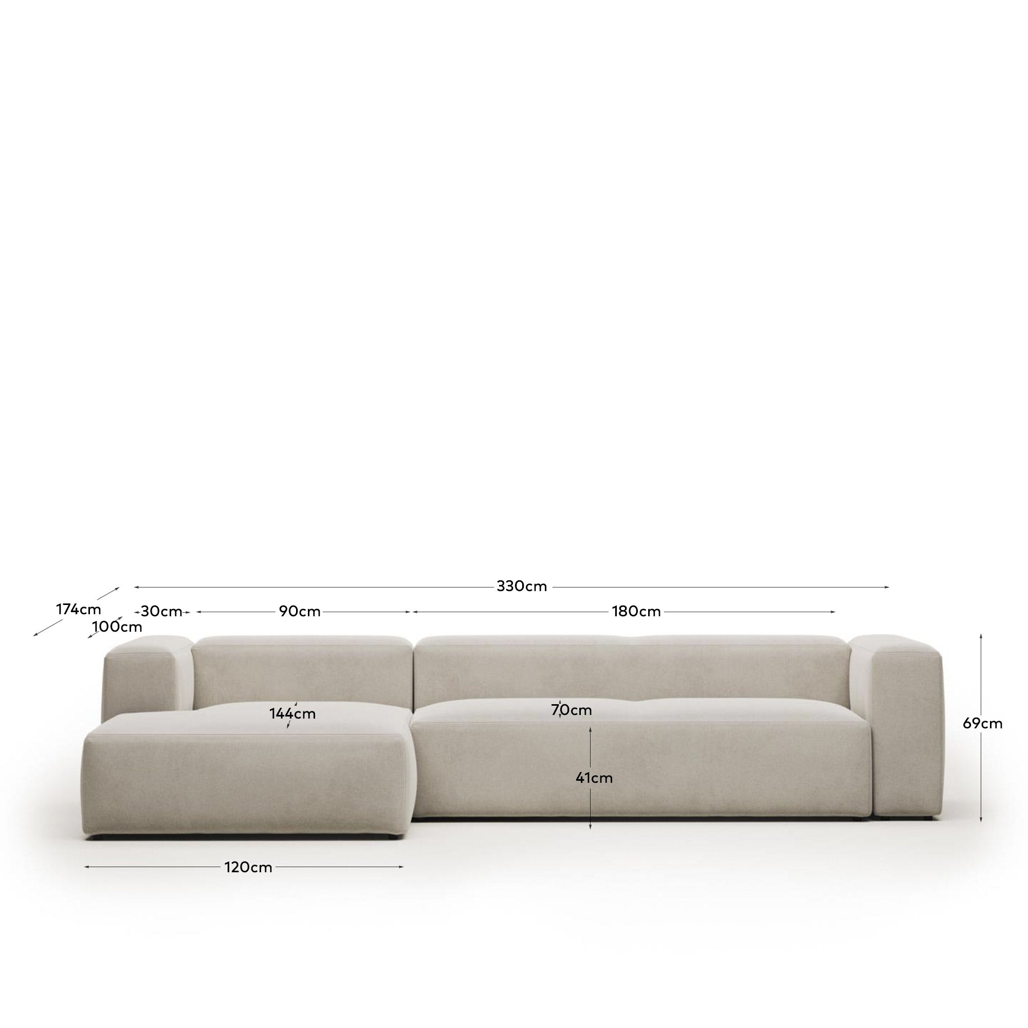 4-Sitzer-Sofa Blok mit Chaiselongue links, schwer entflammbar mit weisser Chenille, 330 cm in Grau präsentiert im Onlineshop von KAQTU Design AG. 4er Sofa ist von Kave Home