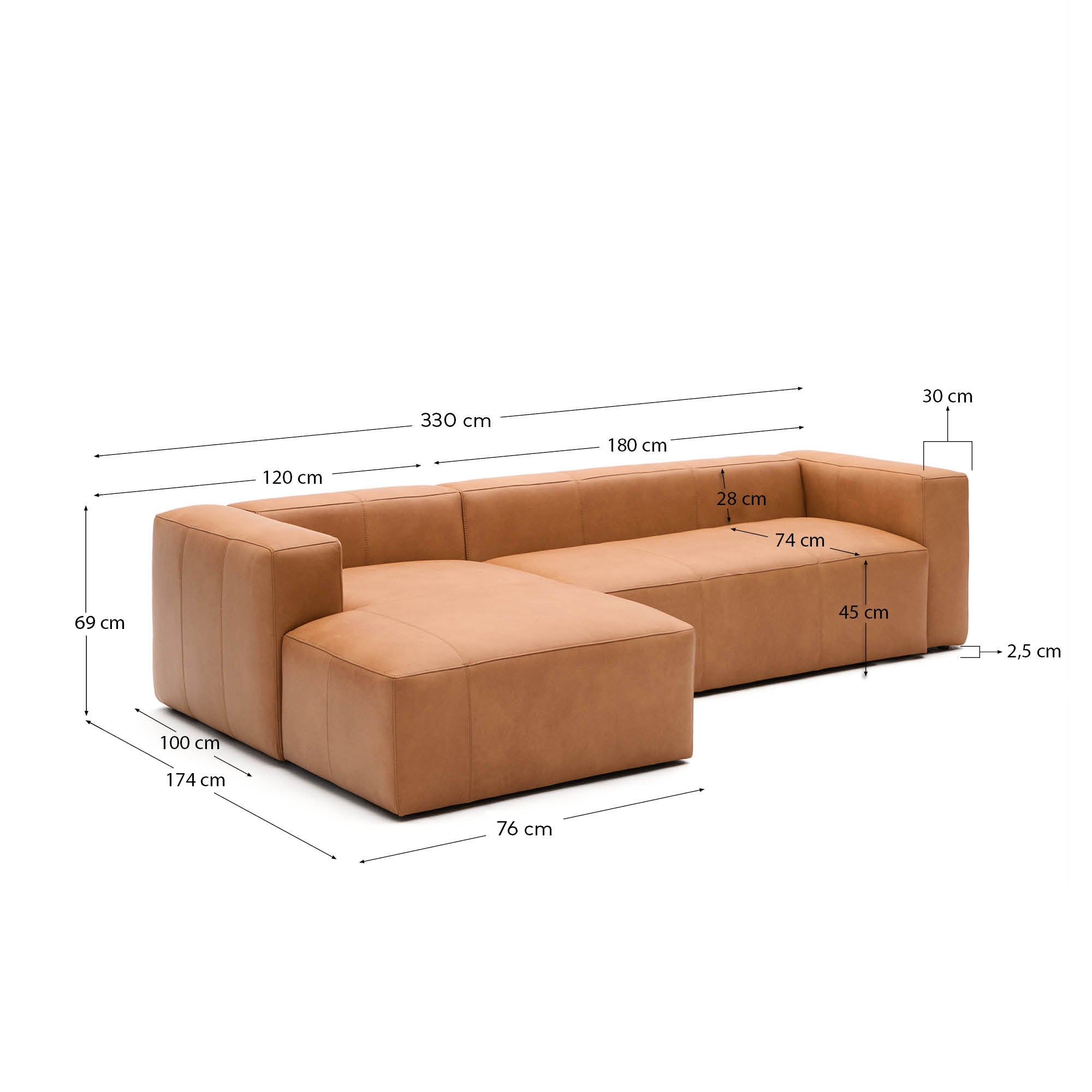 Sofa Blok aus braunem Leder 4-Sitzer Chaiselongue links 330 cm in Braun präsentiert im Onlineshop von KAQTU Design AG. 4er Sofa ist von Kave Home