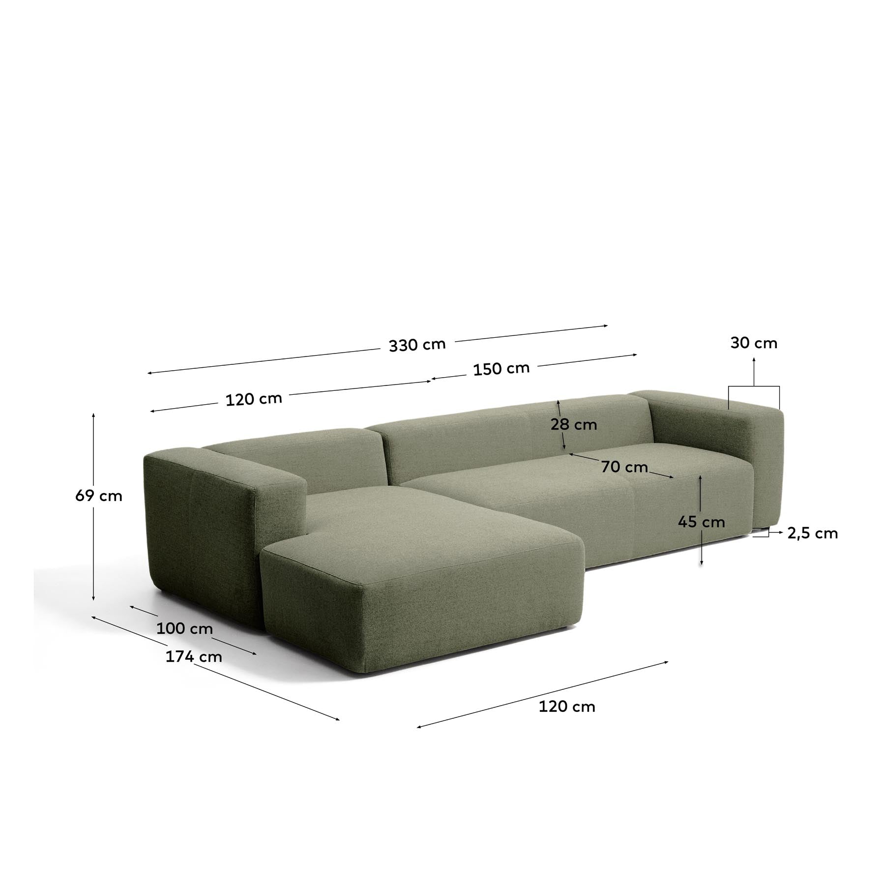 4-Sitzer-Sofa Blok mit Chaiselongue links in moosgrüner Chenille, 330 cm, FSC Mix Credit in Grün präsentiert im Onlineshop von KAQTU Design AG. L-Sofa links ist von Kave Home
