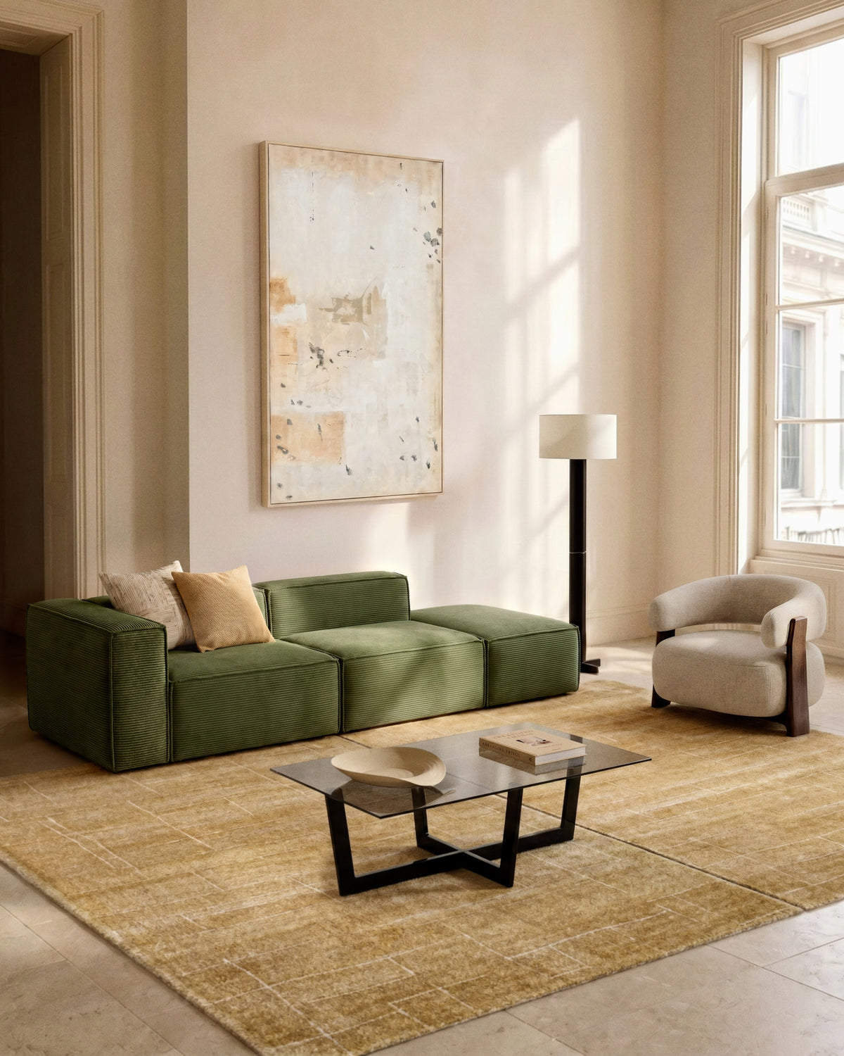 3-Sitzer-Sofa Blok mit Armlehne rechts und Pouf-Randmodul in grobem grünem Cord, 270 cm, FSC Mix Credit in Grün präsentiert im Onlineshop von KAQTU Design AG. 3er Sofa ist von Kave Home