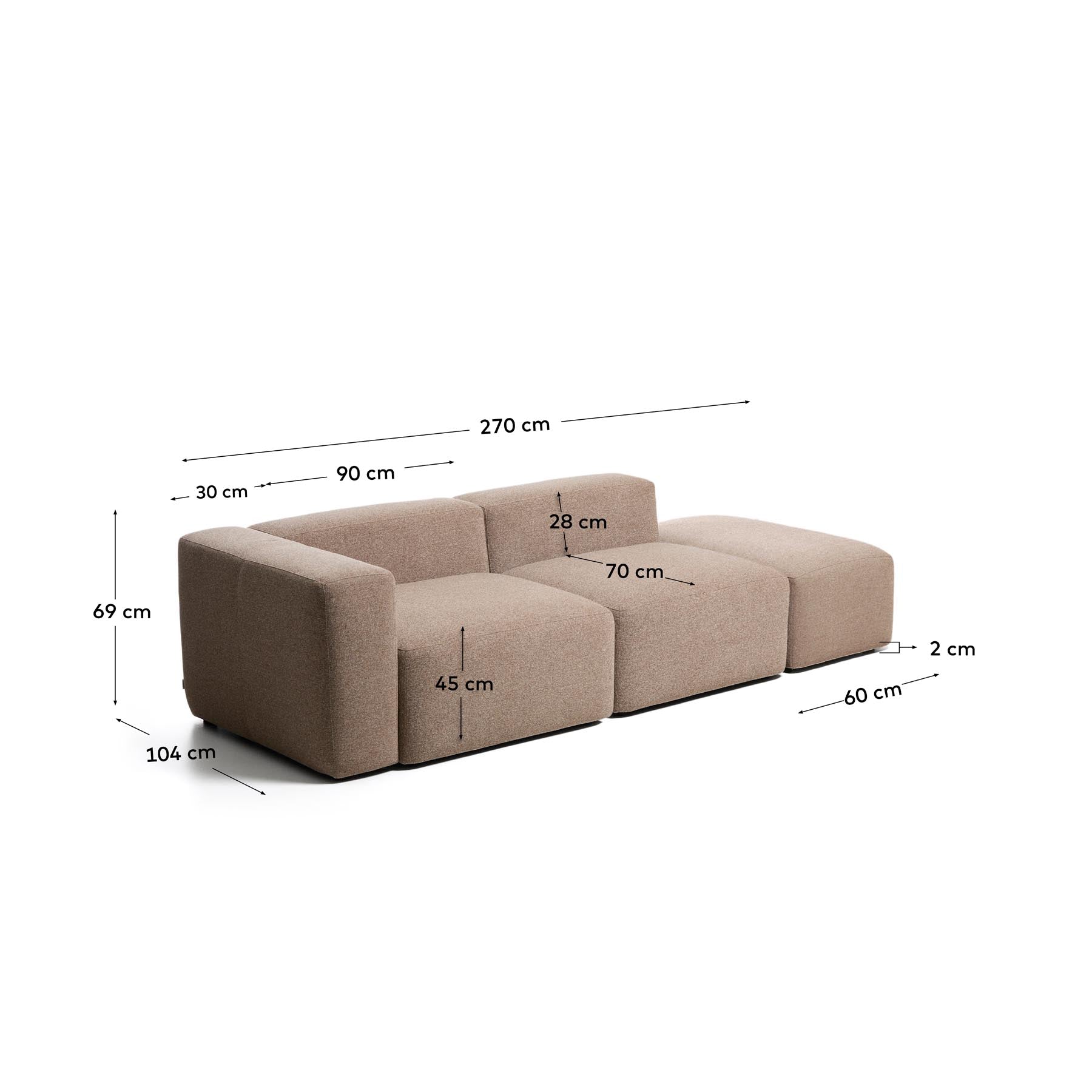 3-Sitzer-Sofa Blok mit Armlehne rechts und Pouf-Randmodul in brauner Chenille, 270 cm, FSC Mix Credit in Taupe präsentiert im Onlineshop von KAQTU Design AG. 3er Sofa ist von Kave Home