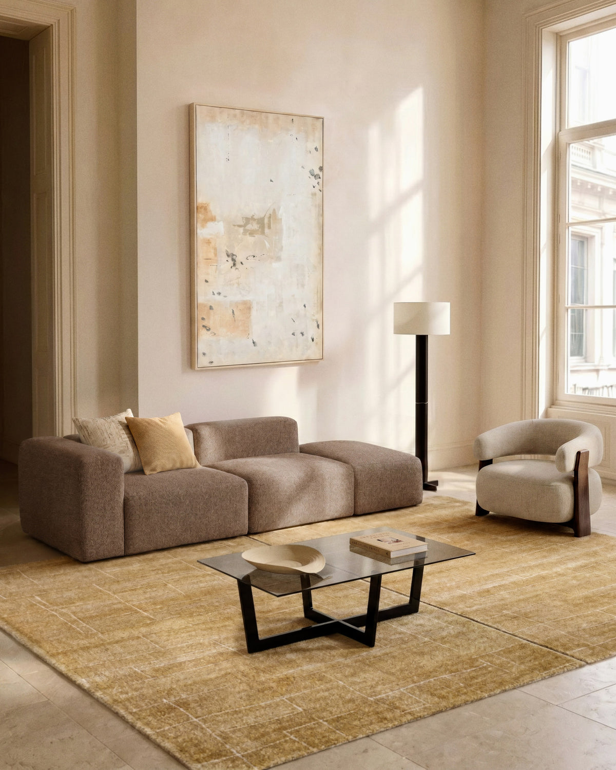 3-Sitzer-Sofa Blok mit Armlehne rechts und Pouf-Randmodul in brauner Chenille, 270 cm, FSC Mix Credit in Taupe präsentiert im Onlineshop von KAQTU Design AG. 3er Sofa ist von Kave Home