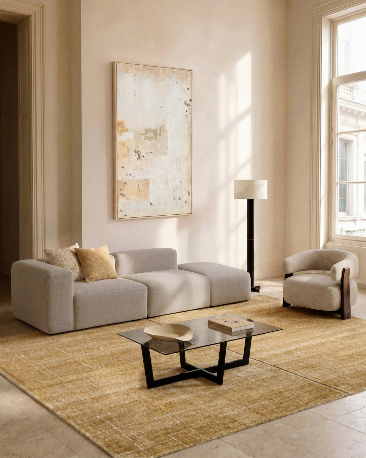 3-Sitzer-Sofa Blok mit Armlehne links und Pouf-Randmodul in beiger Chenille, 270 cm, FSC Mix Credit in Beige präsentiert im Onlineshop von KAQTU Design AG. 3er Sofa ist von Kave Home