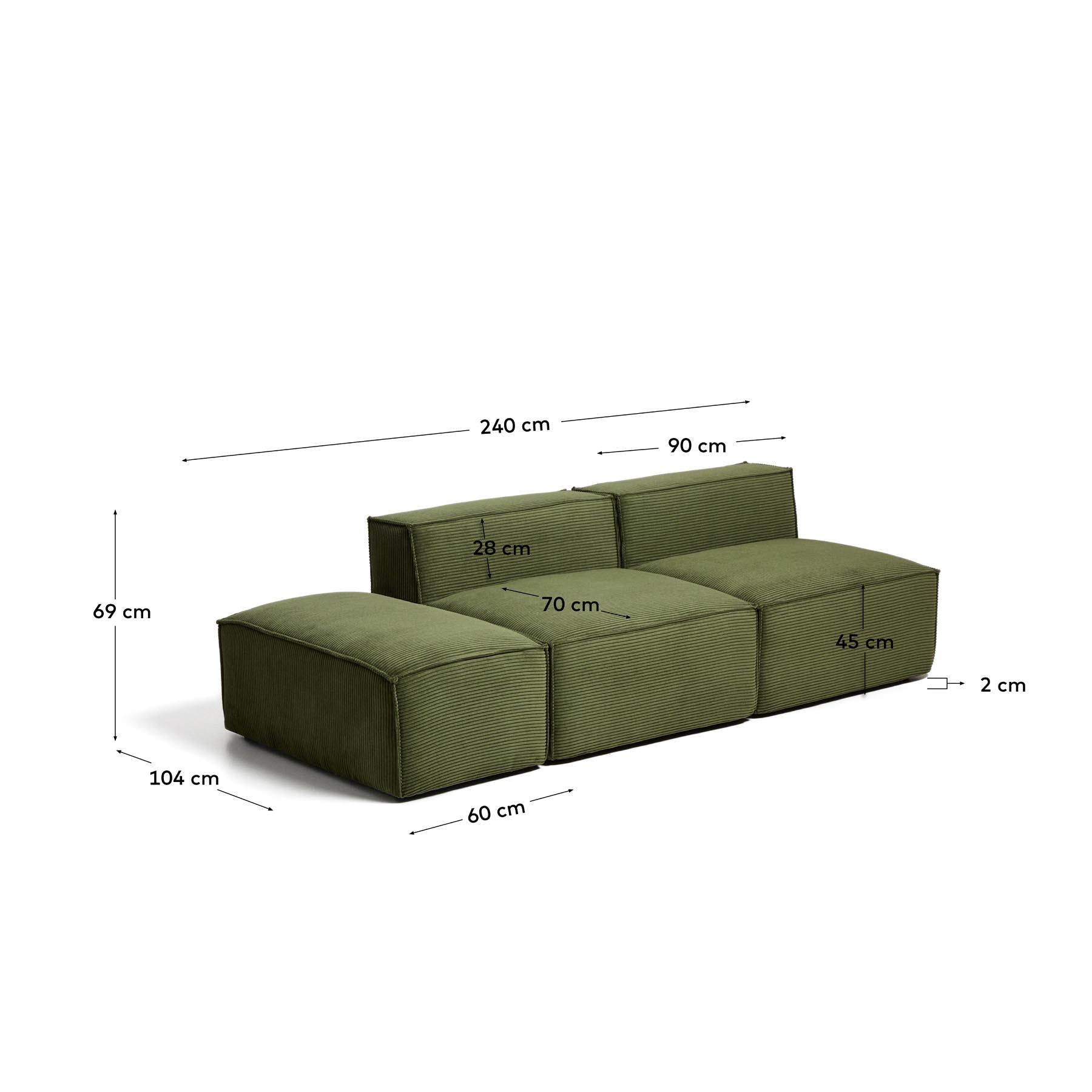 3-Sitzer-Sofa Blok mit Pouf-Randmodul in grobem grünem Cord, 240 cm, FSC Mix Credit in Grün präsentiert im Onlineshop von KAQTU Design AG. 3er Sofa ist von Kave Home