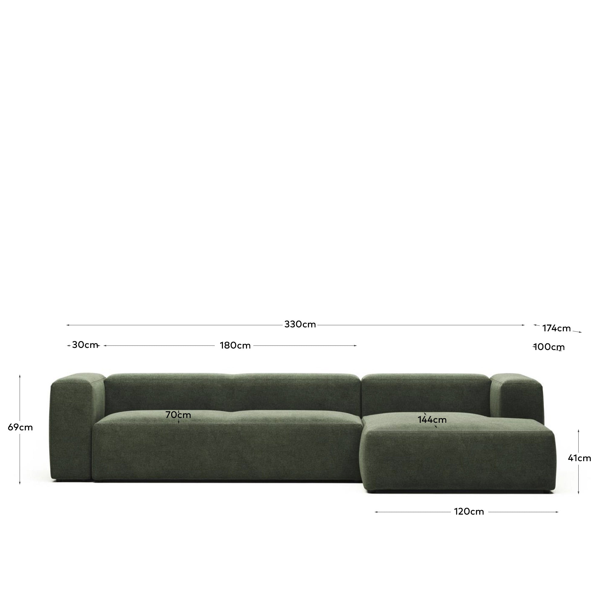 4-Sitzer-Sofa Blok mit Chaiselongue rechts, schwer entflammbar mit grüner Chenille, 330 cm in Grün präsentiert im Onlineshop von KAQTU Design AG. 4er Sofa ist von Kave Home