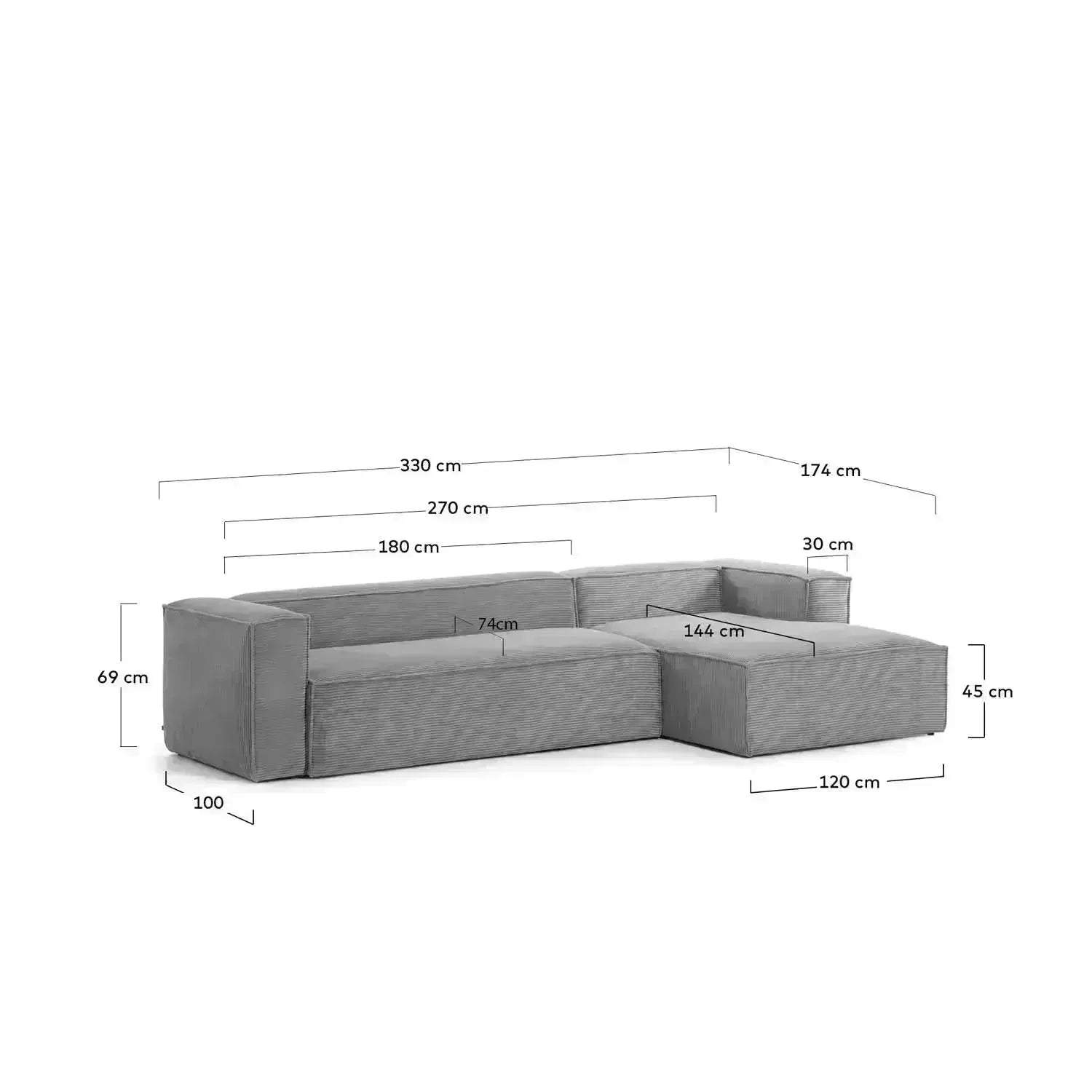 4-Sitzer-Sofa Blok mit dickem, grauen Cord und Chaiselongue rechts 330 cm FSC Mix Credit in Grau präsentiert im Onlineshop von KAQTU Design AG. 4er Sofa ist von Kave Home